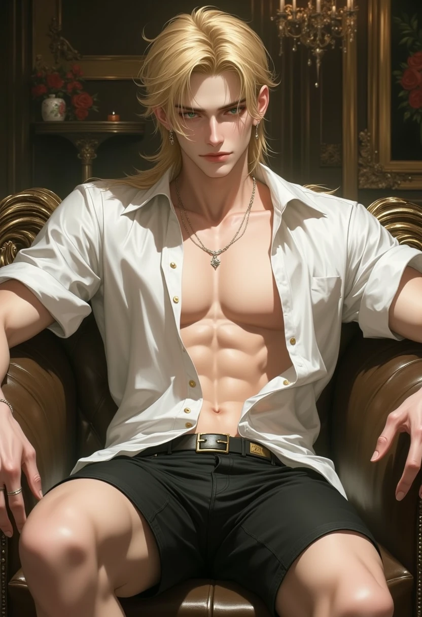 High Art - Portrait of Apollo, god of love and beauty. ! His beauty is incredible . body structure - perfection ! Handsome young man . naked. only thong . perfect chest muscles and big nipples on the chest . Emerald eyes . blonde hair ,on the neck there is a gold chain with a sparkling pendant and on the hand there is a sparkling bracelet. In the Golden Palace ! A photographic portrait of Apollo at his best ! top quality. Full body, muscular and slim, leaning against the wall, with bracelet and wearing shoes
