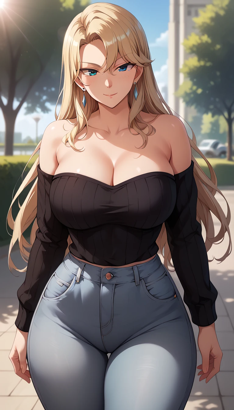 Kurashiki Reika, 
最high quality, masterpiece, Very detailed, high quality, high resolution, A girl, Mature woman, Blonde hair, Long hair, Solo, blue eyes, earrings, beautiful, beautiful and perfect face, sexy, Naughty, View your audience, Bare shoulders, collarbone, Huge Breasts, Big Ass, Standing, at park, outdoors, sunset, from the front, cowboy shot, thick thighs, symmetrical body, black sweater, denim jeans (white jeans), strapless, strapless sweater, milf, firm breasts