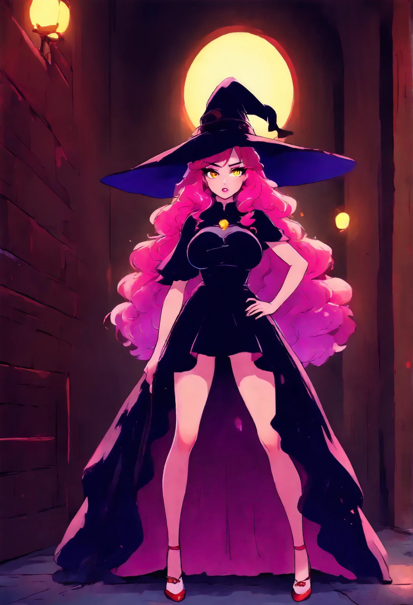 ultra-detailed eyes, masterpiece, best quality, absurdres, amazing quality, very aesthetic, newest ,very awa, 1girl, solo, looking at viewer, long hair, high volume hair, curly hair, hime_cut, ultra-detailed eyes, masterpiece, best quality, absurdres, amazing quality, very aesthetic, newest ,open mouth, yellow eyes, red hair, parted lips, teeth, lips, , (full body:1.5), detailed face, blushed, beautiful face, (heavy eye mascara:1.3), standing, (purple and black dress), no underwear, very large breasts, bare foot, feets, slim waist, hand on hips,, (clothed breasts:1.5). wich broom on hand, witch hat