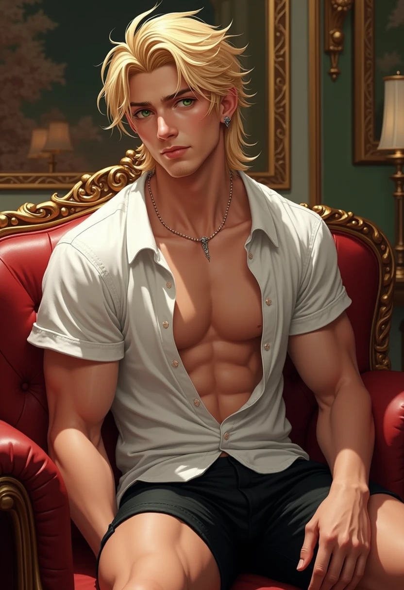 Aryan bodybuilder, military pants, holding box, sitting in an antique brown armchair with red upholstery --auto --s2