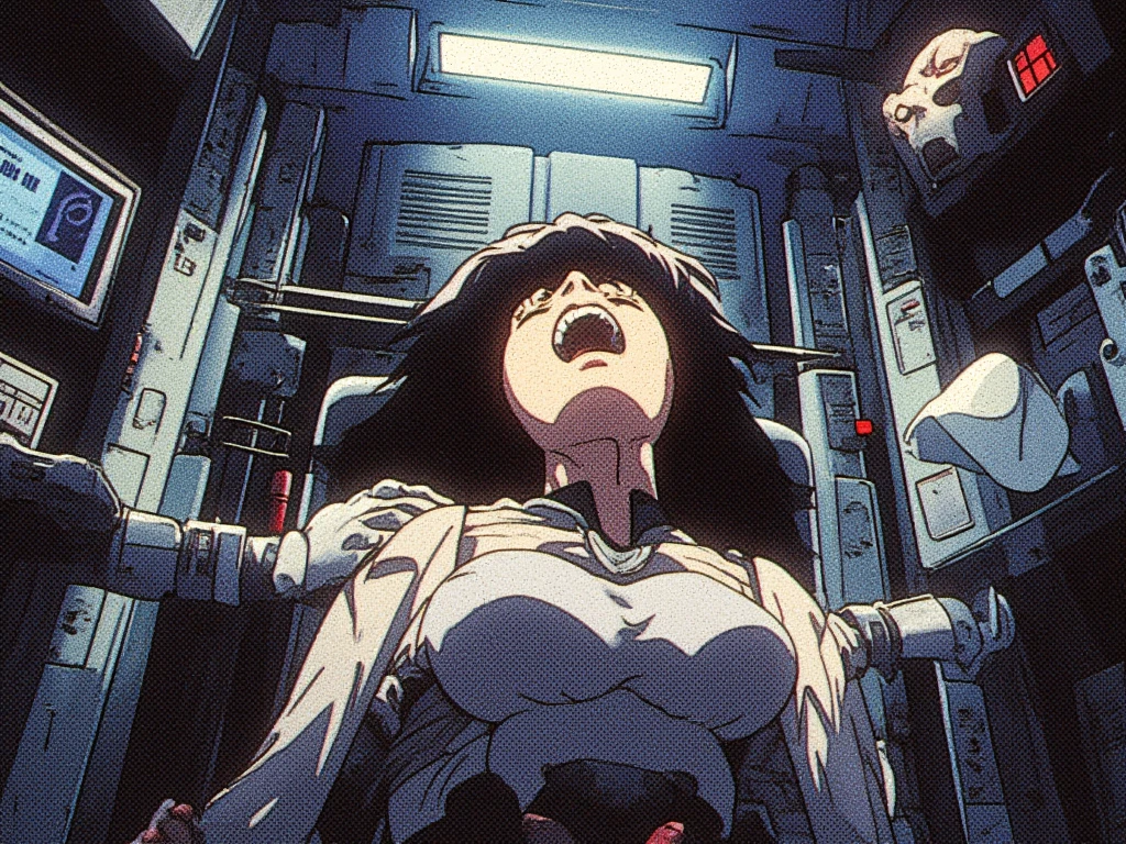 Create a robotic laboratory where you can see an anime-style person in front of me with a face of suffering and in the background two people experimenting with him next to him