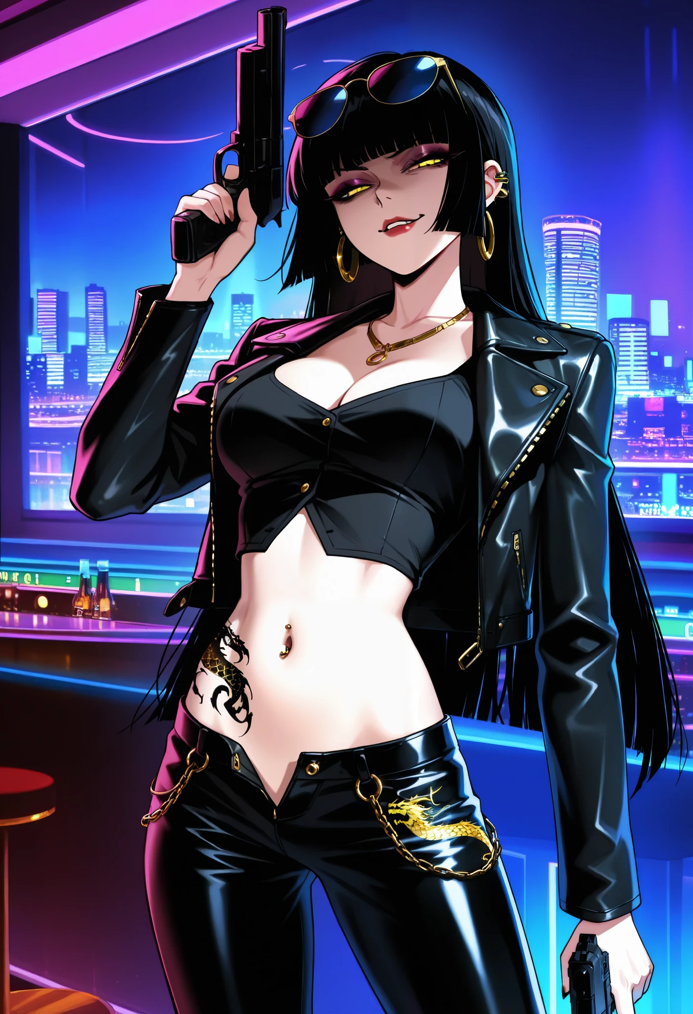 GirlV1, black hair, yellow eyes, , makeup, sunglasses on head, blunt bangs, bob cut
, jewelry, necklace, jewelry, gold trim,
parted lips, serious, half-closed eyes, ear piercing, long hair, , lipstick, Hot girl, baddie, , sensual, attractive ,bar background, inside bar,indoors, cityscape, casino, nightclub, city lights, masterpiece, best quality, highly detailed, a girls with a gun, evil smile , open mouth, sexy gaze, badass pose , evil smile, smile, (nsfw) not safe for work, guns blazing, anime girl with long hair, beautiful long haired girl, navel, evil expression, exposed belly, exposed navel, exposed midriff, exposed lower belly, long black pants,, cleavage, unbuttoned leather pants ,open fly, low rise black leather pants, leather jacket, holding a gun, holding pistol,,navel piercing, dragon tattoo, narrowed eyes, tattoo midriff ,, dual wielding, , smirk