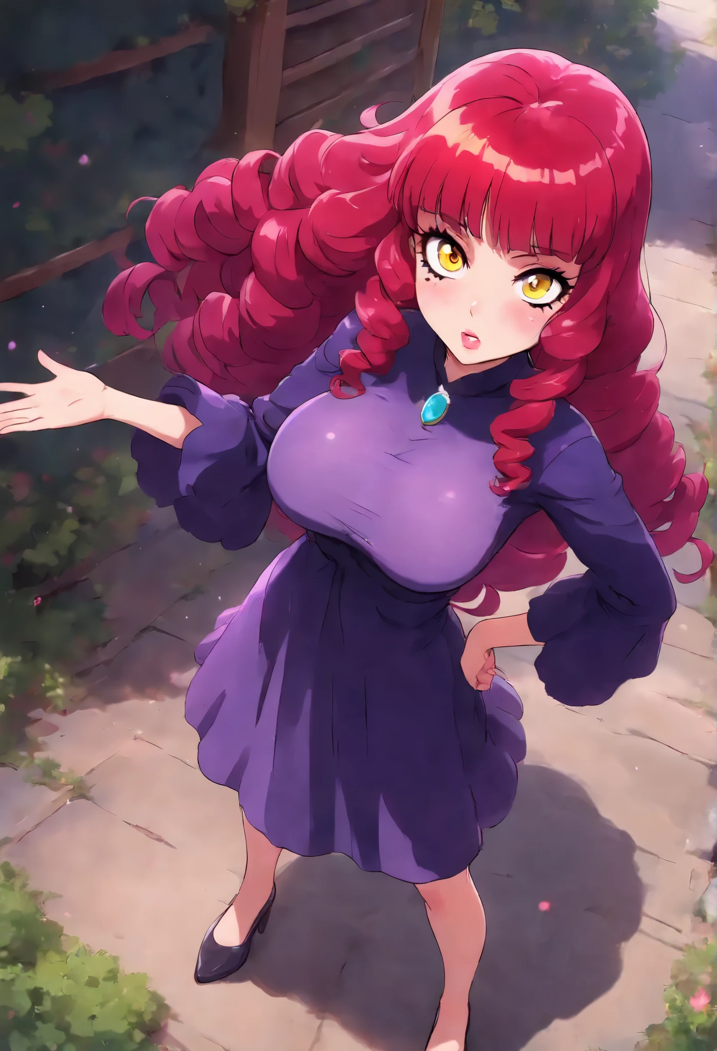 ultra-detailed eyes, masterpiece, best quality, absurdres, amazing quality, very aesthetic, newest ,very awa, 1girl, solo, looking at viewer, medium long hair, medium volume hair, curly hair, hime_cut, ultra-detailed eyes, masterpiece, best quality, absurdres, amazing quality, very aesthetic, newest ,open mouth, yellow eyes, (red hair:1.1), parted lips, teeth, lips, , (full body:1.5), detailed face, blushed, beautiful face, (heavy eye mascara:1.3), standing, (short purple dress:1.2),medium breasts, bare foot, feets, slim waist, hand on hips, (clothed breasts:1.5). wich broom on hand, witch hat, full body perspective