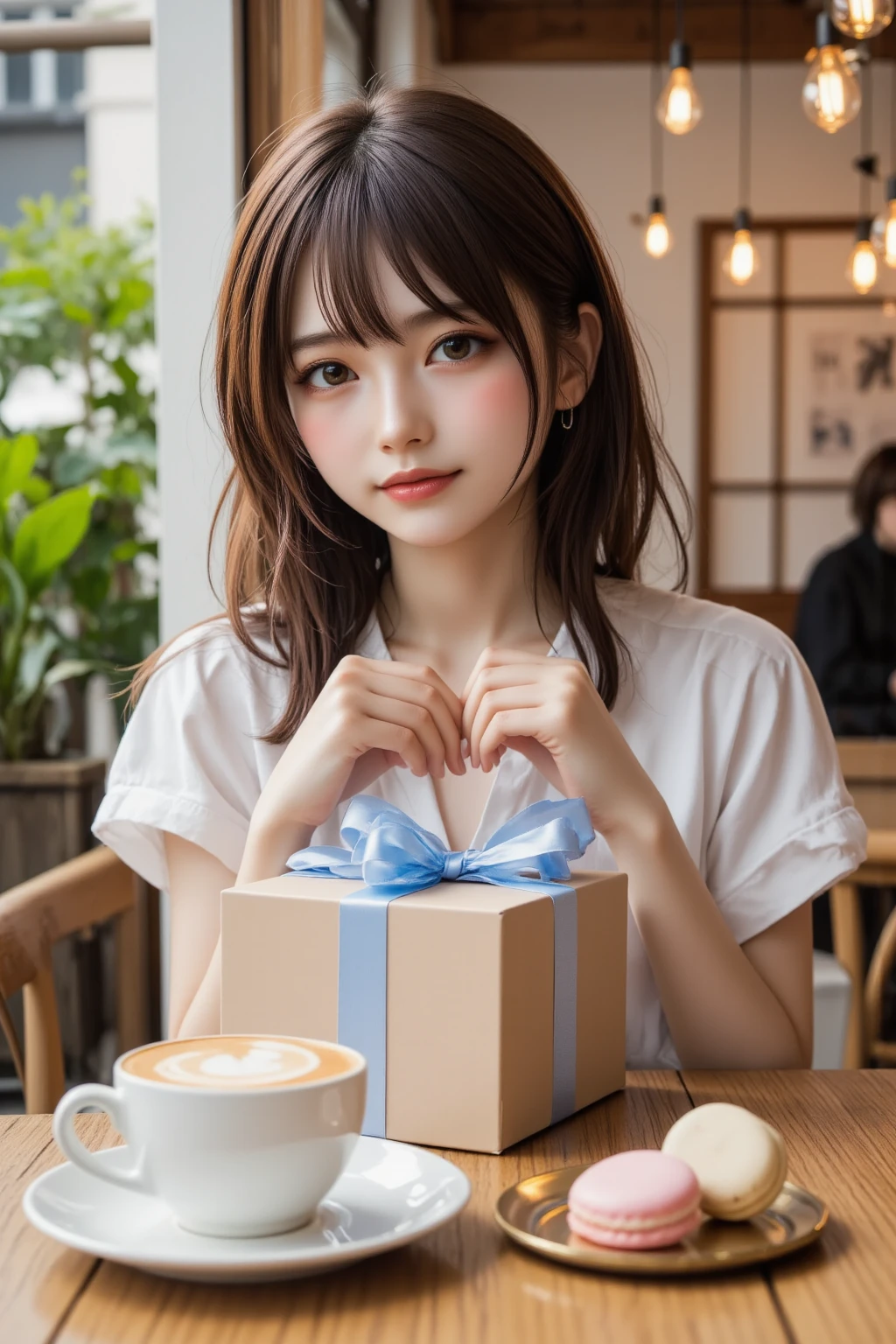 A breathtakingly realistic photograph. A stylish young Japanese female college student with soft wavy no bang brown hair and subtle makeup sits at a table in an elegant cafe receiving a beautifully wrapped White Day gift. The gift is a beige box adorned with a silk blue ribbon reminiscent of high-end boutique packaging. She gently touches the ribbon with her slender hands and gazes at the gift with a natural smile.

The cafe exudes a sophisticated yet cozy atmosphere, with warm indirect lighting from hanging Edison bulbs, wood and marble textures, and lush plants that add a fresh touch. Next to the gift sits an artisanal cappuccino with delicate latte art and a gold-rimmed dessert plate topped with pastel-colored macaroons. The background is softly blurred, creating a bokeh effect with soft light reflections and the casual chatter of other patrons, enhancing the atmosphere.

Shot in **ultra-high resolution 8K, HDR, cinematic lighting**, the lighting on her face and reflective surfaces is dynamic. **Photorealistic depth of field, voluminous lighting, soft shadows, the subtle texture of her skin, and the smooth texture of the fabric and ribbons** enhance the scene. The final composition is a perfect blend of warmth, elegance and realism, making you feel as if time has stood still.