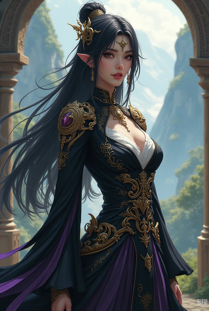 Hyper realistic digital painting. RHIANNON sits on the edge of her mahogany desk in the mage tower. [RHIANNON] ((25-year-old)), ((1girl)), ((lean and athletic female elf)), graceful and controlled, ((pale complexion)), ((piercing emerald green eyes)), ((raven black hair)), ((long thick wavy hair)), ((braided hair)), ((oval face)), ((high cheekbones)), ((delicate jawline)); ((elegant)), ((aristocratic)); ((elegant robes of deep blue or emerald green)), ((silver embroidery)), ((arcane symbols)), ((impeccably groomed)) [/RHIANNON] ((wealthy wizard office)), intricate details, in a surreal and fantastic setting, highly detailed portrait blending Boris Vallejo's fantastic muscular realism, combining styles artistic works by Jose Royo, Julie Bell, Carne Griffiths, Benedick Bana, Brian Froud and Eric Wallis, precise anatomy, global lighting, chiaroscuro, ray tracing. 60:30:10 rule.