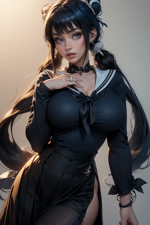 (Anime) (Long wavy black hair) (Blue eyes) (blue eyes) (blue eyes) (red lips) (pale white skin) (large breasts) (white lace spaghetti strap silk shirt) (black corset) (red mini skirt)