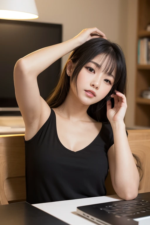 Highly detailed CG Unity 8k wallpaper, top quality, super detailed, masterpiece, realistic, photorealistic, highly detailed cute girl, 25 years old, (secretary), blush, parted lips, round eyes, medium breasts, viewer, half body shot, (show panties), panties under pantyhose, office, sitting, legs crossed