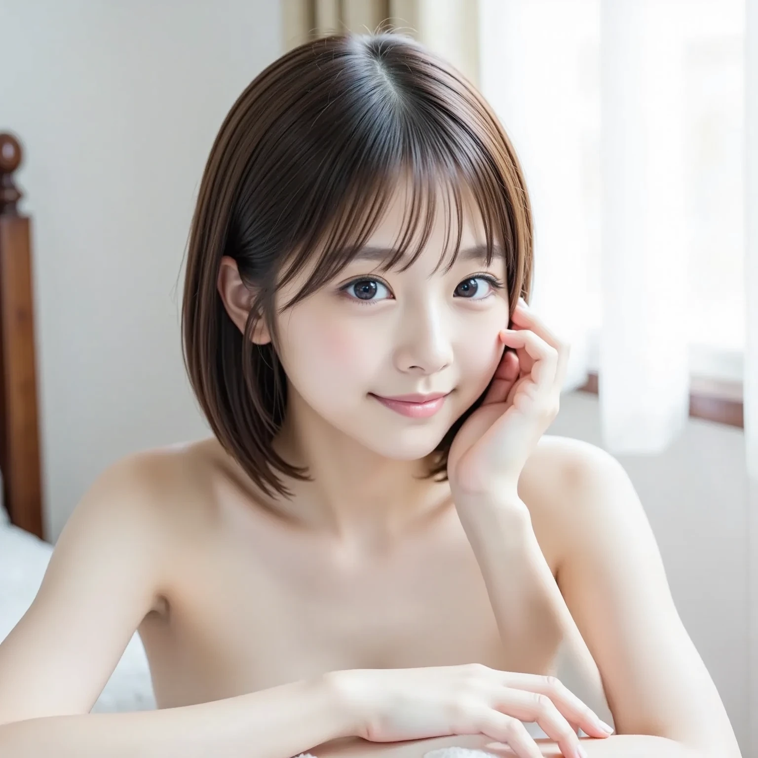 (8K、RAW Photos、Highest quality、masterpiece:1.2)、(Realistic、Realistic)、1 Girl、((naked、Bedroom、 the bed、Big Breasts、Nipples、View from the front、smile、Look at the camera and smile、stand))、cute