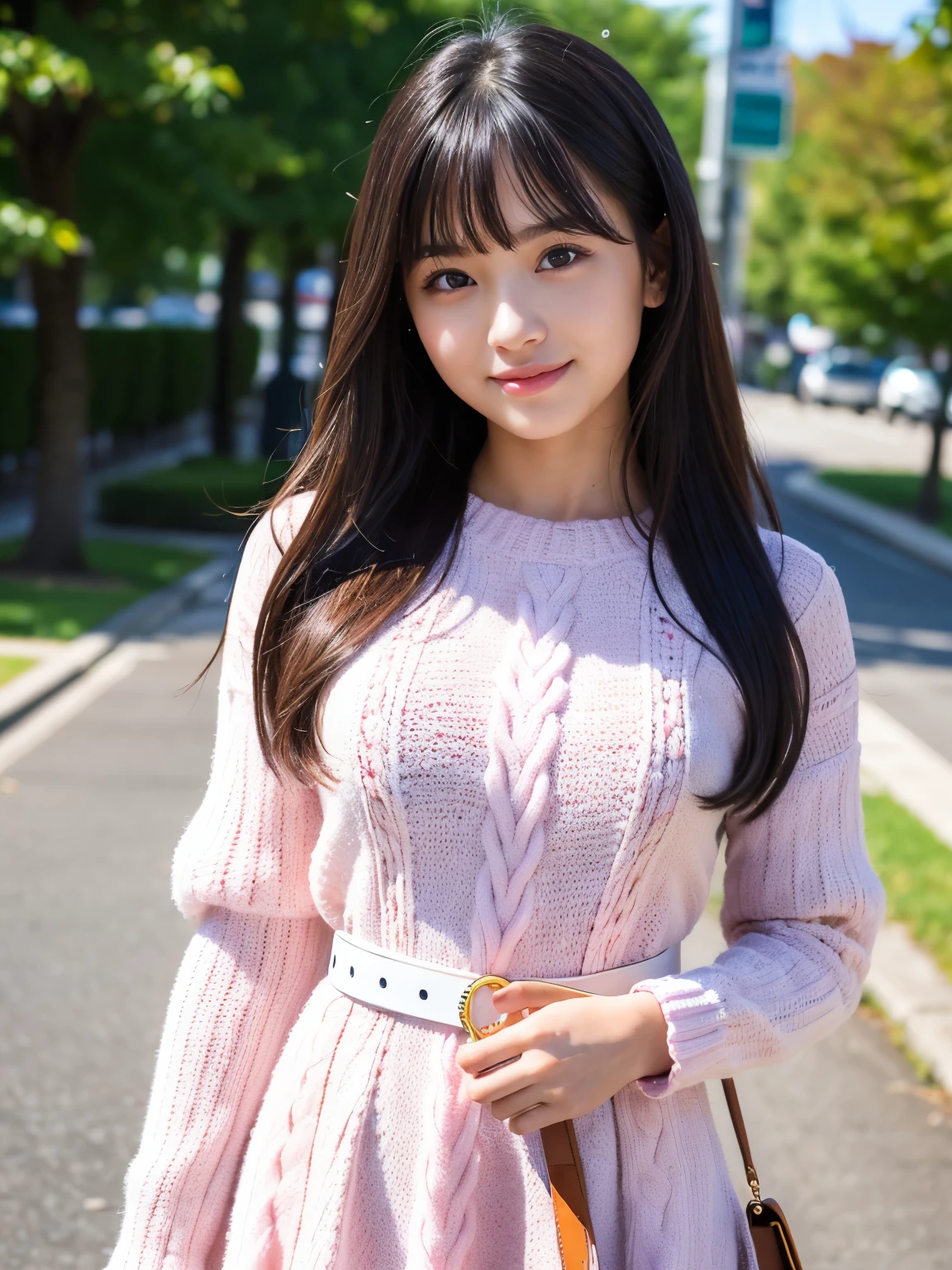 Araffe woman in a pink dress, anime girl in real life, seductive anime girl, seductive beautiful anime woman, anime girl cosplay, attractive anime girl, beautiful anime girl, asian girl, beautiful asian girl, perfect girl, japanese goddess, anime girl, ultrarealistic sweet bunny, hyper realistic anime, beautiful anime woman, 1girl, Best quality, Masterpiece, Illustration, Very delicate and beautiful, Very detailed, CG, 8k wallpaper, amazing, attention to detail, masterpiece, best quality, Art, highly detailed 8k CG wallpaper, huge file size, ultra detail, high resolution, ultra high definition, very detailed, beautiful girl detailed, very detailed eyes and face, beautiful detailed eyes, (RAW photos, best quality), (real, Photorealism: 1.3), full body, light on face, (brown hair: 1.3), chubby breasts, (medium), (side breasts), loose beautiful hair, (swollen eyes), (K-pop idol)), (attractive), bangs, (sexy pose in front of the camera)), (smile), looking at the viewer, dark eyeliner, long eyelashes, flushed cheeks, erotic, fringes, small earrings, small necklace, ((((happy smile)))), ((((small sweater)))), ((city background), (sweaty white skin), (neckline)))),