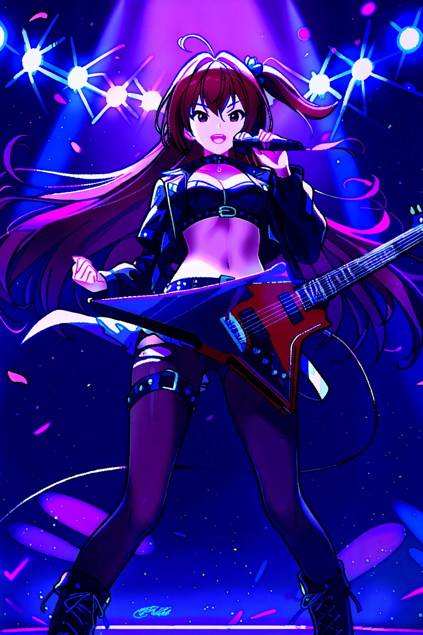 ((masterpiece:1.2)), ((best quality:1.2)), ((very aesthetic:1.4)), illustration, (anime coloring:1.2), ((intricate details:1.4)), ((detailed background:1.2)), concert stage, colorful spotlights, neon lights, dynamic atmosphere, intense rock performance, (((energetic all-female rock band)))), ((multiple girls):1.3), dramatic lighting, glowing stage effects, sound waves in the air, (((powerful stage presence))).
The lead singer—an electrifying frontwoman with long, wild flowing hair—commands the stage, gripping the microphone with intensity, her stylish rock outfit adorned with chains and studs. A sleek leather jacket, ripped tights, and high boots complete her edgy look. She leans into the music, her voice echoing through the venue.
Beside her, the lead guitarist shreds on a sleek, custom electric guitar, fingers gliding effortlessly over the frets. Her stance is fierce, her long hair whipping with the motion. A bass guitarist grooves to the rhythm, swaying in sync with the pounding drums, her expression fully immersed in the music.
The drummer, positioned at the back, is a powerhouse of energy, her movements a blur as she strikes each beat with raw passion. The entire band is in perfect harmony, radiating an untamed energy that ignites the audience.
The concert is alive with flashing lights, pulsating neon hues reflecting off their instruments and outfits. The stage design features massive LED screens flashing psychedelic visuals, smoke effects, and glowing amplifiers, reinforcing the high-octane atmosphere. The audience is a sea of waving hands, immersed in the electrifying moment.
A cinematic shot captures the entire band mid-performance—hair flowing, guitars wailing, music roaring—locked in a moment of pure rockstar magic.
Ultra-detailed textures, HD quality, raw and emotional rock concert vibes, precise character design, vibrant color grading, natural look.