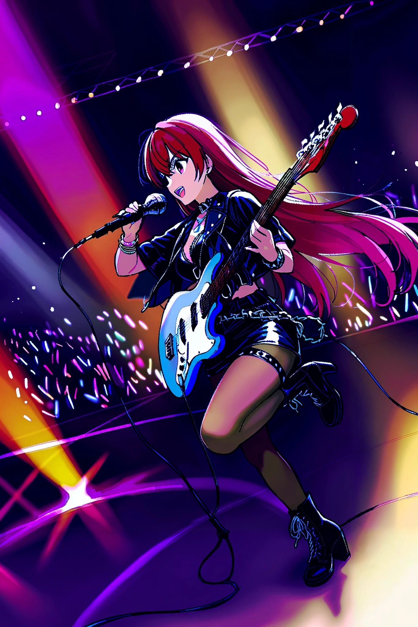 ((masterpiece:1.2)), ((best quality:1.2)), ((very aesthetic:1.4)), illustration, (anime coloring:1.2), ((intricate details:1.4)), ((detailed background:1.2)), concert stage, colorful spotlights, neon lights, dynamic atmosphere, intense rock performance, (((energetic all-female rock band)))), dramatic lighting, glowing stage effects, sound waves in the air, (((powerful stage presence))).
The lead singer—an electrifying frontwoman with long, wild flowing hair—commands the stage, gripping the microphone with intensity, her stylish rock outfit adorned with chains and studs. A sleek leather jacket, ripped tights, and high boots complete her edgy look. She leans into the music, her voice echoing through the venue.
Beside her, the lead guitarist shreds on a sleek, custom electric guitar, fingers gliding effortlessly over the frets. Her stance is fierce, her long hair whipping with the motion. A bass guitarist grooves to the rhythm, swaying in sync with the pounding drums, her expression fully immersed in the music.
The drummer, positioned at the back, is a powerhouse of energy, her movements a blur as she strikes each beat with raw passion. The entire band is in perfect harmony, radiating an untamed energy that ignites the audience.
The concert is alive with flashing lights, pulsating neon hues reflecting off their instruments and outfits. The stage design features massive LED screens flashing psychedelic visuals, smoke effects, and glowing amplifiers, reinforcing the high-octane atmosphere. The audience is a sea of waving hands, immersed in the electrifying moment.
A cinematic shot captures the entire band mid-performance—hair flowing, guitars wailing, music roaring—locked in a moment of pure rockstar magic.
Ultra-detailed textures, HD quality, raw and emotional rock concert vibes, precise character design, vibrant color grading, natural look.
