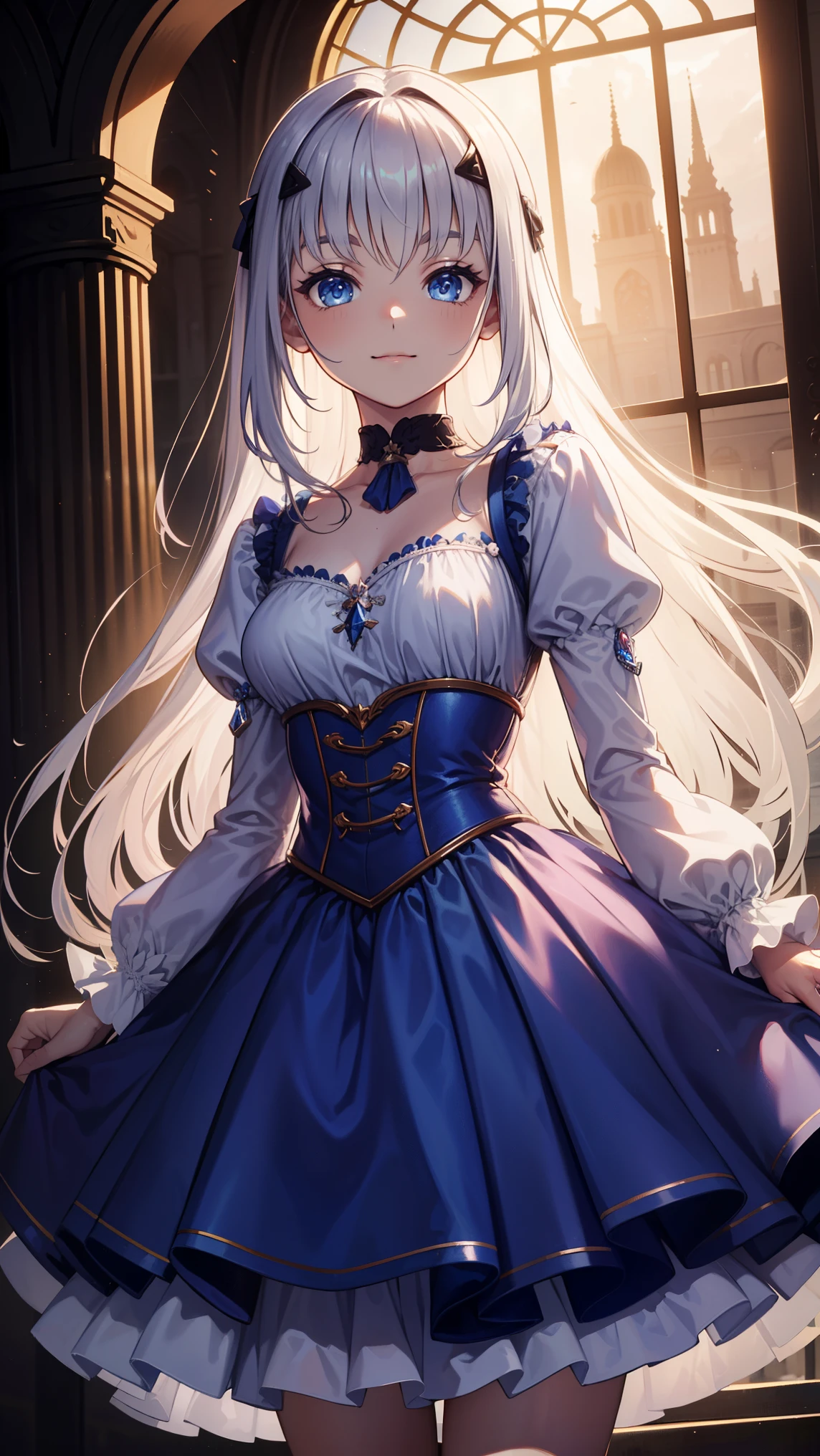 ( is of the highest quality,4K, 8,000, high resolution, masterpiece :1.2), super fine, girl ,Holy,( Silver white long hair ), blue eyes ,obsessed, Elegant posture , Fun ,in love, Lovely cloth , Detailed clothes , Cute magical girl , ( double bomb , Silver straight hair ), Smile, compensate, blue eyes, Large percentage , white gothic bear top dress , choker, Dark Basement Background, (Ultra-precise, Absolute determination, best quality:1.3), 2.5D, Delicate and Dynamic, Art photos, super realistic , graphic CG digital cartoon style art