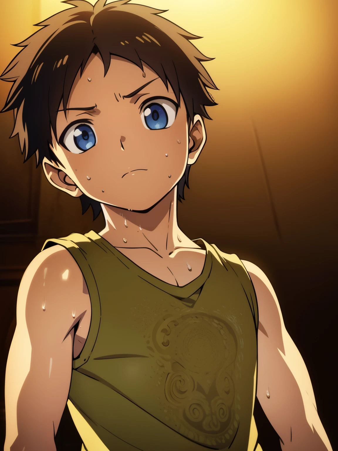 masterpiece, 1 young boy, shota, tank top, armpit, photorealistic, hyperrealistic, highly detailed, 8k, intricate details, chiaroscuro lighting, dramatic lighting, detailed facial features, expressive eyes, natural skin tones, sweat glistening, detailed fabric texture, studio lighting, cinematic composition, moody atmosphere, warm color palette, golden hour
