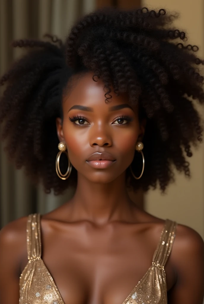 (a frontal view), (camera facing the subject), (((A very beautiful black african queen))), Charmante femme afro-américaine, (((femme noire))), (((cheveux bouclés))), (((peau très foncée))), (((busty femme noires))), (((fille boxum))), (((gros pressés ensemble))), (((Maquillage doré))), on a diamond throne made of diamond, intricate details, dramatic lighting, hyperrealism, photorealistic, cinematic, 8k sharp focus, style expressive, frontal view, camera facing the subject