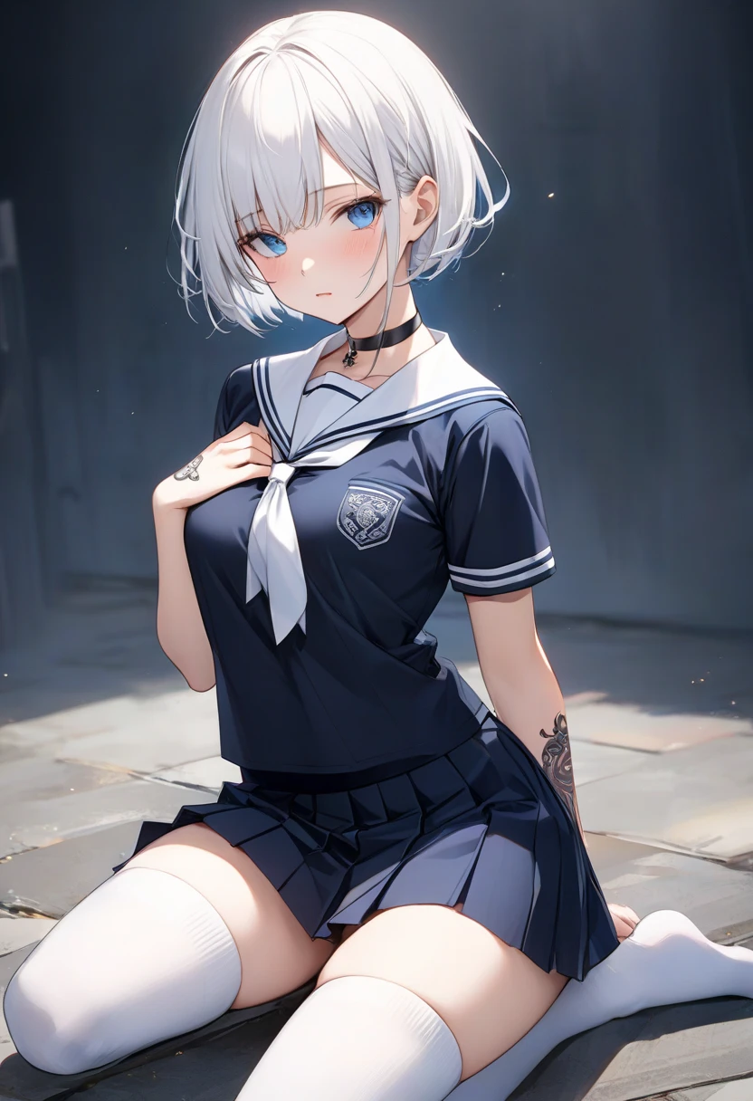 Hamakaze, Hamakaze, Blue eyes, Grey Hair, Hair Ornament, Hair over one eye, hair clips, Short hair, Short hair,BREAK black pantyhose, buttoning, gloves, grey sailor collar, grey skirt, hair clips, neckerchief, pantyhose, Pleated skirt, Sailor collar, School uniform, serafuku, (White seraphuk:1.3),Skirt, White Gloves, Yellow neckerchief,Naughty big、large full breasts、looking at the viewers,BREAK (masutepiece:1.2), Best Quality, High resolution, Unity 8k壁纸, (Illustration:0.8), (Beautiful detailed eyes:1.6), extra detailed face, Perfect Lighting, extremely details CG, (Perfect hands, Perfect ???????),Smile with open mouth、(Skirt lift:1.3), (Blue stripes々Panties -:1.3)、(Skirt that rolls up:1.3)、(Fully exposed panties:1.5)、(outside of house、plein air,:1.3)、(sea side:1.3)