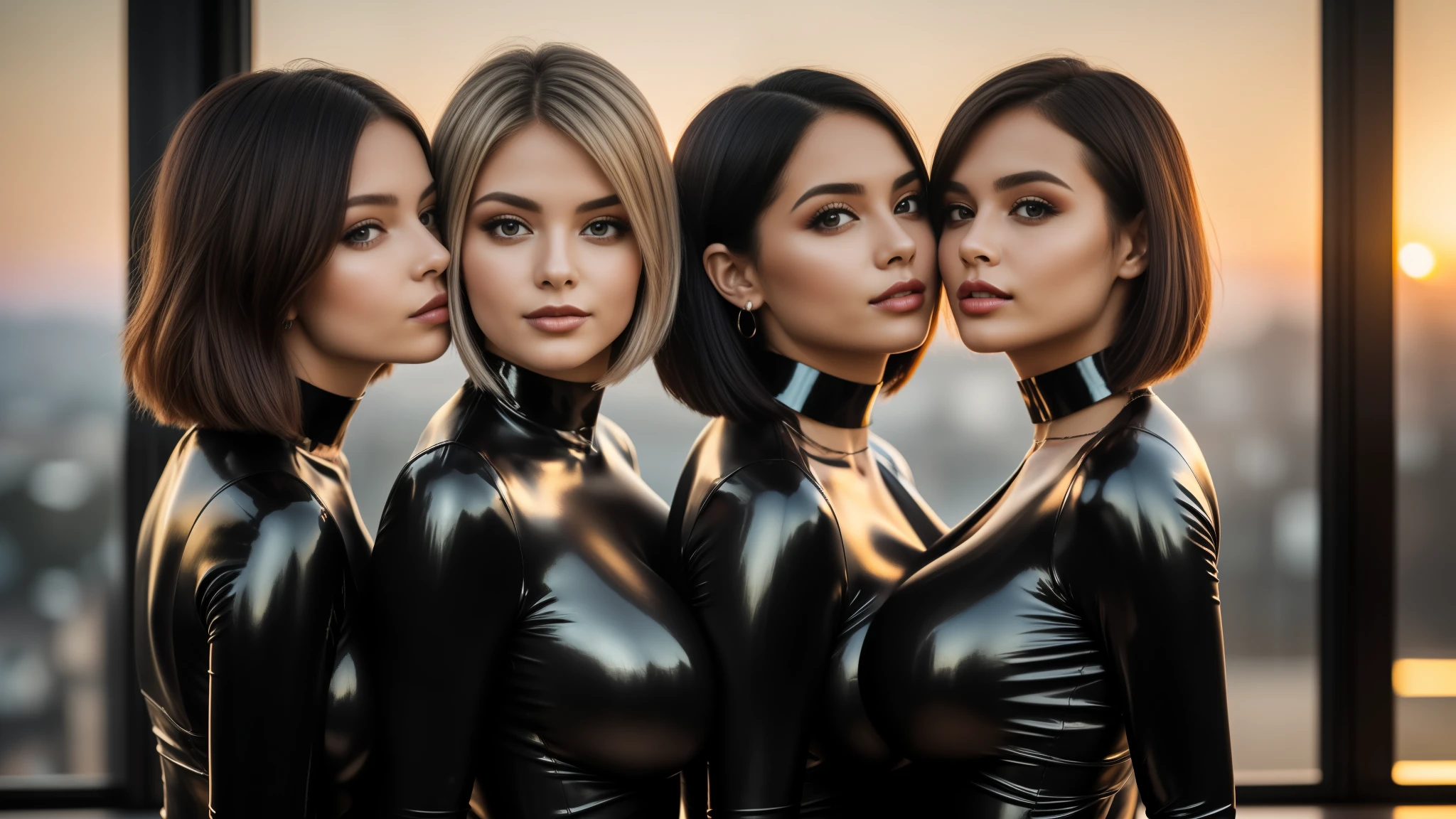 three girls, masterpiece,best qualtiy,hdr, hyper HD, 8K,Bokeh,Ultra-fine painting,Sharp focus,Physically-based rendering,Extreme detail description,portraitures,full-body photo,looking at viewer, (long bob_cut hair), Sexy smile, choker, (latex suit:1.2), (in sunset light:1.2), (kissing:1.2), perfect eyes, perfect hands, perfect body, perfect hair, (Big breasts:1.3), (EOS R8, 50 millimeters, F1.2, 8K, RAW photo:1.2), photograph by arny freytag