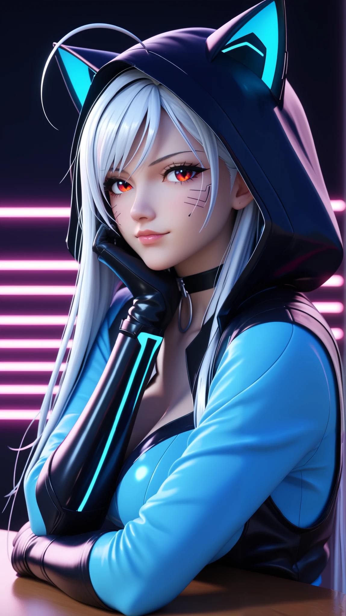 vampire moka akashiya, long hair, red eyes, ahoge, white hair, large breasts,black theme, cyberpunk-themed outfit with cat-ear hooded bodysuit, closed-fitting sleek black and neon blue bodysuit hoodie with glossy metallic texture, black fullbody cat-suits, one-piece design, form-fitting silhouette, high-tech glowing circuit patterns, skinny arms, fitted arm parts, (put on hood, hood covers head), cat ears integrated into hood with neon blue LED accents, detached black cybernetic gloves with metallic fingertips, high-waisted black and neon blue reinforced armor plates, (black techwear boots with neon blue light strips), black choker with small holographic cat emblem, (sitting on chair,
table,head rest,put elbows on table,close up face),