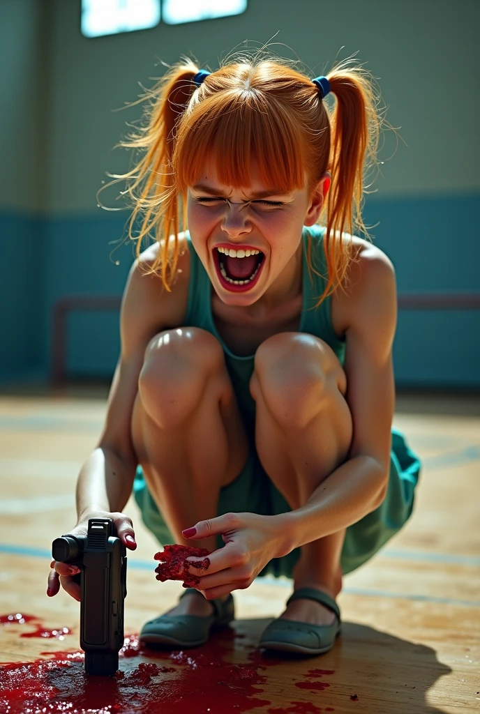 highschool gym, petite slim teenage girls volleyball shorts, dressed in yoga pants , innocent faces, primary school age, perfect faces, young teens, mouth very wide open and yelling, eyes wide open in a crazed look, long hair, detail, ultra realistic, 8k, kneeling on floor