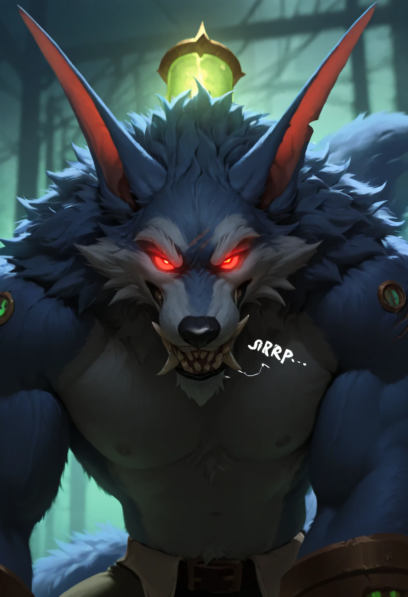 photorealism, photorealistic, hi res, depth of field, detailed background, blurry background, (detailed body:1.2),
warwick_lol, anthro, solo, male, 1boy, glowing, male focus, glowing eyes, werecanid, red eyes, fur, furry male, sharp teeth, claws, furry, animal ears, tail, wolf boy, looking at viewer, bottomwear, saliva, glowing, upper body,
flirty expression, seductive glance, sound effect, motion lines,
(masterpiece, best quality, very aesthetic, newest, 2024), (artist:syuro:0.8), (artist:nomax:0.5), (artist:honovy:0.6), (artist:kenket:0.6), (artist:taran fiddler:0.6), expressionless, from front,