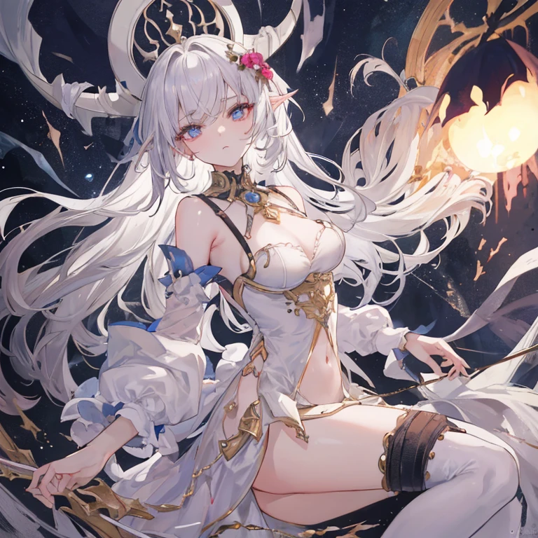 Kizi,Duergar,Manteau,red color eyes,jewely,White Snake,shairband,Very long hair,White hair,fully body photo,Planetary background,black lence stockings,Black and red suit