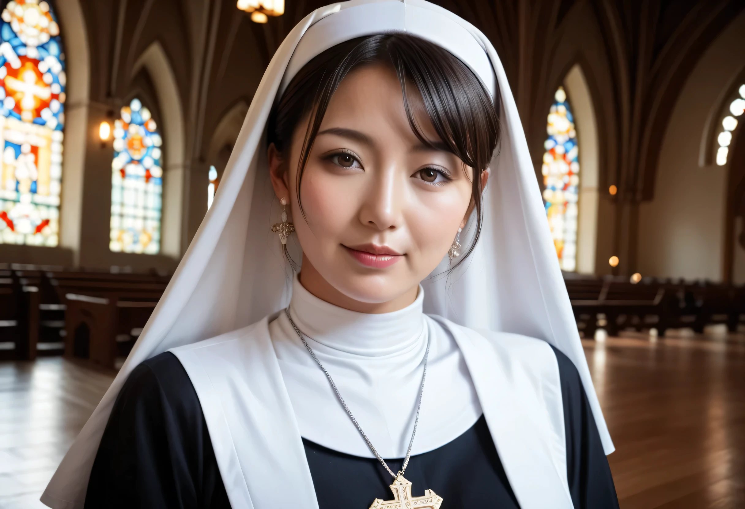 ( Photorealistic), Live Action Realistic Depiction, Real People, Ultra Quality, Ultra Highres, Realistic, (( Realistic Depiction)), Score_9, Score_8_up, Score_7_up, Score_6_up, ( Hyper Photorealism), Sharp Focus, ((( Real Skin Texture))), Natural Skin Glow, Extremely Detailed Skin, Beautiful Fine Face, Detailed Facial Depiction, Perfect And Natural Makeup, Beautiful Eyes, Sultry Eyes, Dark Brown Hair, (( Very Beautiful Japanese Milf, Japanese Woman in Her 30s, Face of a 30 Year Old)), ( Curvy, Large Breasts:1.2, Large Ass:1.2), 1 Woman, Nun, (( Scapular, Wimple)), (( Inside a European church, Standing Pose, Upper Body, Face Close Up, Natural Lighting))