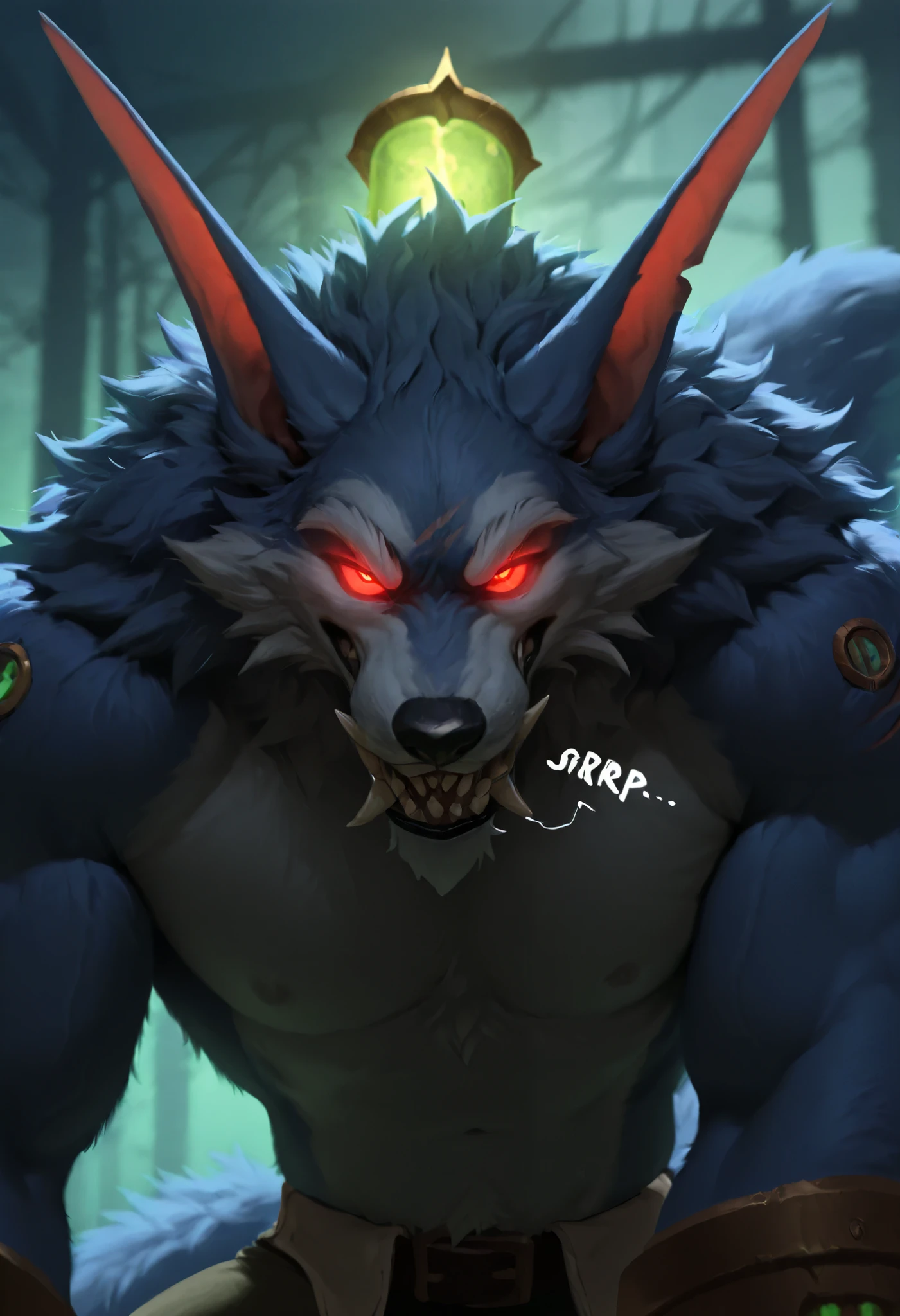 photorealism, photorealistic, hi res, depth of field, detailed background, blurry background, (detailed body:1.2),  
warwick_lol, anthro, solo, male, 1boy, glowing, male focus, glowing eyes, werecanid, red eyes, fur, furry male, sharp teeth, claws, furry, animal ears, tail, wolf boy, looking at viewer, bottomwear, saliva, glowing, upper body, 
flirty expression, seductive glance, sound effect, motion lines, 
(masterpiece, best quality, very aesthetic, newest, 2024), (artist:syuro:0.8), (artist:nomax:0.5), (artist:honovy:0.6), (artist:kenket:0.6), (artist:taran fiddler:0.6),  expressionless, from front,  