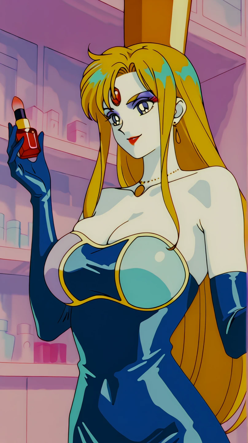 (anime cels style, Masterpiece, best quality, high resolution, anime colored, megami magazine:1.2, anime poster style, anime keyvisual, sharp, 8k, photorealistic), (beautiful eyes:1.5), reiko_aiwaifu, 1woman, milf, blond hair, long hair, (sagging huge breast), micro bikini, cleavage, (upper body:1.5), standing, (perfect detailed anatomy, perfect arms, perfect fingers, beautiful face, perfect body, shiny skin), simple background:1.5,