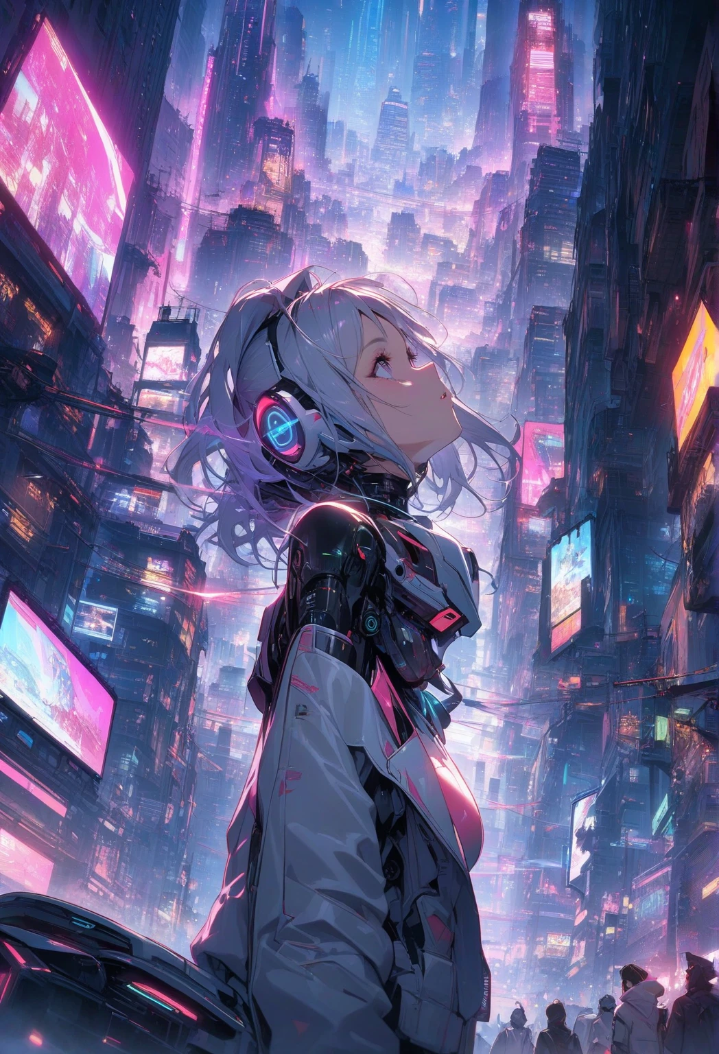 (Best quality), (masterpiece), (photorealistic), (realistic), ultra-detailed, unity 8k wallpaper, extremely detailed CG, ray tracking, sharp shadows, wonderful details, depth of field, Ultra detailed background, A female DJ is playing music on the roof of a skyscraper in a futuristic city, wearing a latex costume and seeing herself projected on a giant holographic screen. Drones and helicopters fly around her, and her music echoes throughout the city.。from below, (side shot:1.6), latex, plug suit