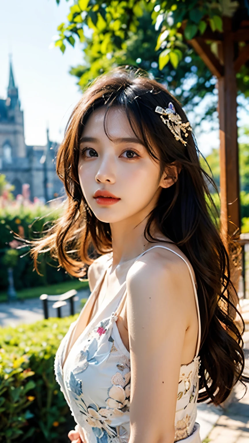 (((best quality))),(((ultra detailed))),(((masterpiece))),illustration,((1 beautiful girl,female Gypsy dancer,solo)),(shoulder length wavy bob hair:1.2),((slim,thin)),((small breasts,flat chest)),(detailed eyes:1.3),(Bohemian style embroidered red dress:1.5),(short sleeves:1.2),((earrings)),mystery,charm,(On the square outside Notre Dame Cathedral in Paris:1.5),(ancient Paris:1.2),traditional attire,vendors,fruits,handcrafted objects,pastries,bakeries,spire,Gothic architecture,sunlight,ethereal glow,busy cityscape,out of place,free spirit,creativity,lost in thoughts,dreams,possibilities,bygone era,snapshot,essence,magic of summer,(day scene:1.3),(outdoor:1.3),(surrounded by crowded crowds:1.3),((from front,upper body))