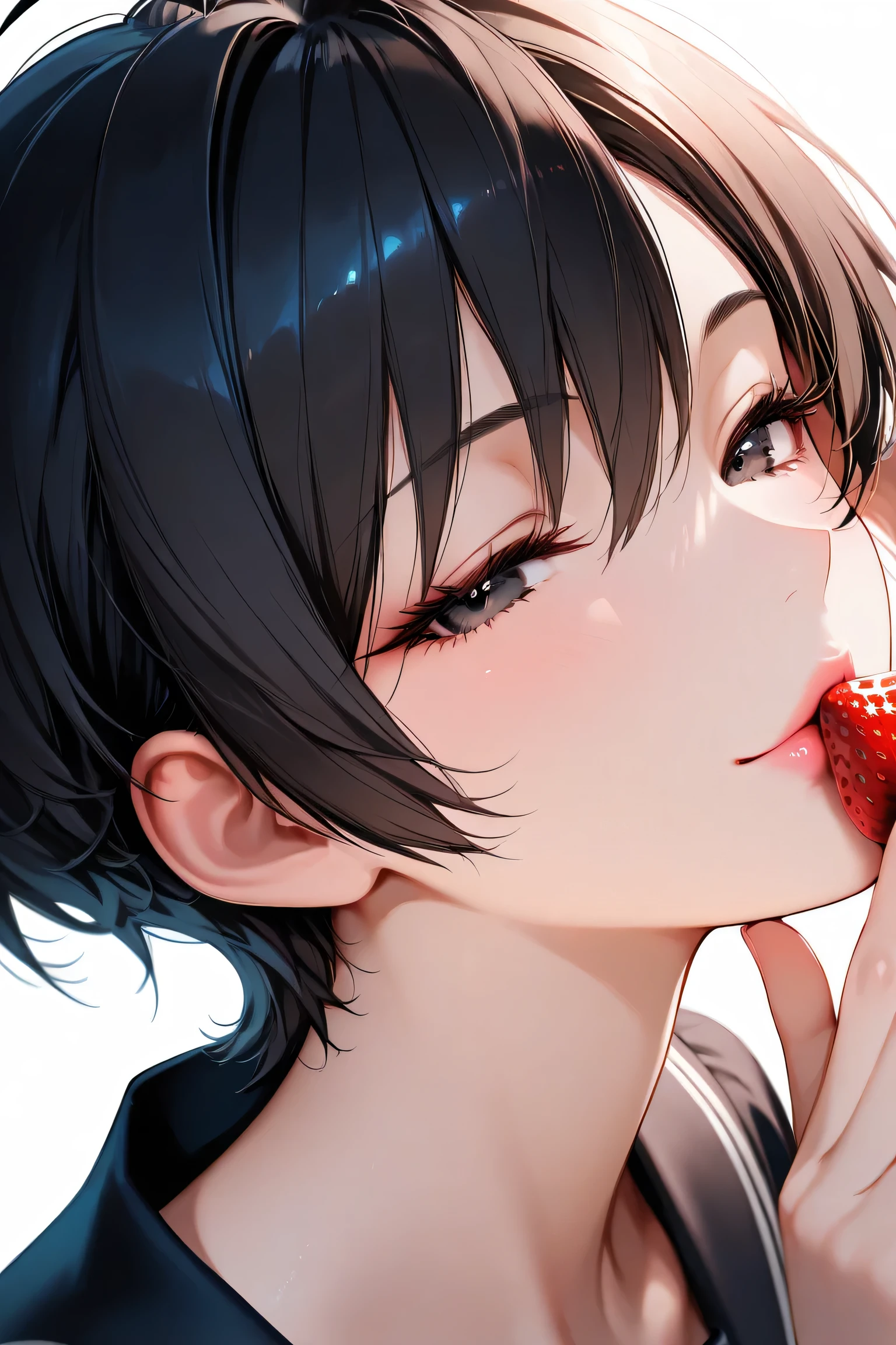 with short black hair,cat ear,Manga Girl、Wearing a white polo shirt,Face enhancement,Chest super large zoom,Cleavage emphasis,Looking up from the bottom,There is love in the eyes,Get close to the lens,Darkens the skin,african、Blushing,Red lips,A sexy,Bed sit,Stick out her tongue,Very wide open mouth、banzai、Wearing underwear,wrinkles between eyebrows,Sweaty face,oestrus,Licking the lollipop,saliva