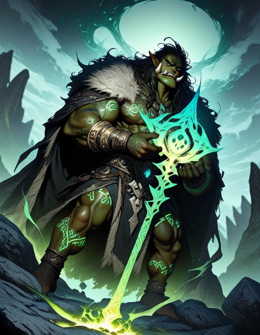 troll monster, beast, holding a mace of wood and iron, with light blue skin, dark green stained skin, dark green hair, fur and leather clothes, prominent teeth, 8k CG unit wallpaper extremely detailed, masterpiece, best quality, ultra-detailed, icy environment, (a background of magic and mystery, fireflies, glowing particles, ethereal mist and a touch of darkness),  high saturation, cinematic light, edge lighting, better shade --auto --s2