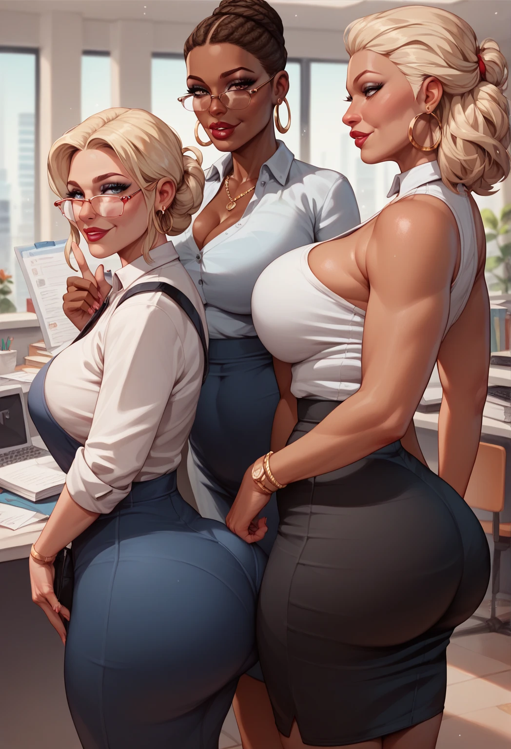 (best resolution, A realistic photo, in full height, 3 heads, blonde woman, big breastes, mother and daughter, Adult woman, teenaged, sportswoman, wide hips, thick-thighs, Big Woman, High, height difference, brunette with glasses, Huge-breasts, Different hairstyles, black button-down shirt, Office suit indoor background, businesswoman, business suit, pants, jacket,