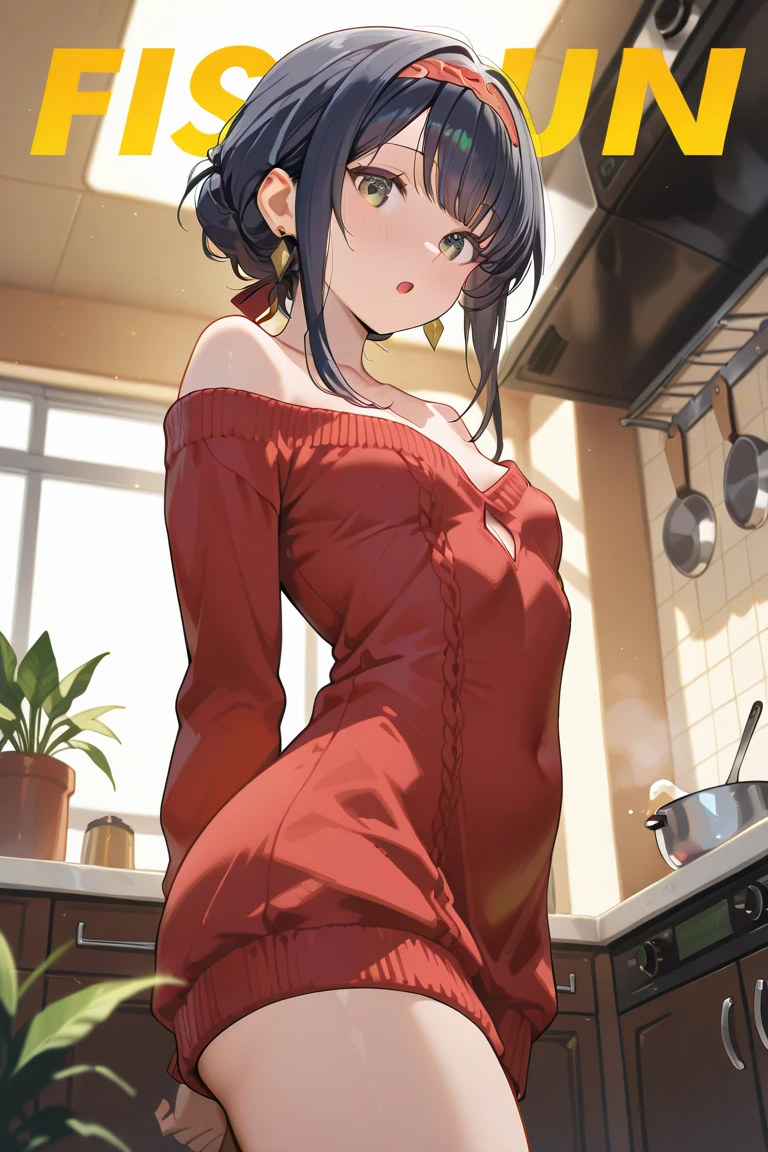 (small breasts:1.3), (perky chest:1.1), (pointed chest:1.0), (fashion magazine cover:1.3),(from below:1.0),(from side:0.9),masterpiece, 1girl, Amazing Cleavage:1.1, thin waist, big ass, Raised sexy, small breast: 1.3, posed cleavage:1.2、solo, looking at viewer, open mouth, have a cute grass of cute beergrass,black hair, dark green eyes, dress, bare shoulders, jewelry, collarbone, sidelocks, hairband, earrings, indoors, off shoulder, :o, sweater, arms behind back, plant, short hair with long locks, gild hairband, off-shoulder dress, sweater dress, off-shoulder sweater, red sweater, dark gord hair, big side hair, very long side hair,is rendered in (masterpiece: 1.2, best quality), with (ultra high resolution) and an exquisite (depth of field). This masterpiece is not only visually stunning but also tells,A scene of cooking in the kitchen by classroom