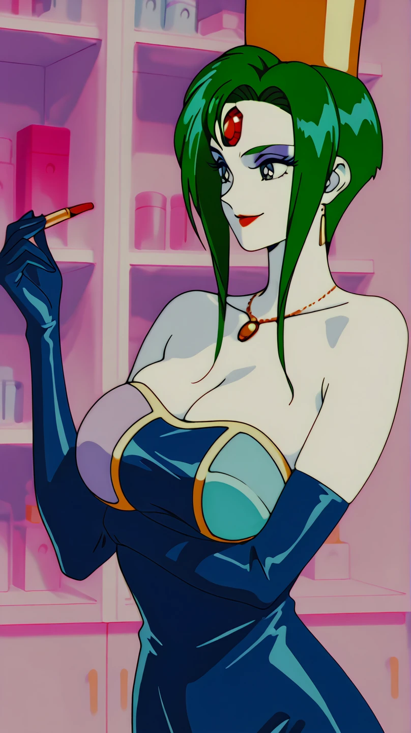 (masterpiece:1.1), best quality,
1girl, (80s anime style:1.3), (eyelashes:1.5), (loli:1.1),
(intricate high detailed body:1.2),
aqua hair, forehead, (hair slicked back:1.2), (twintails, wavy hair:1.1),
green eyes, (red lip stick:1.3),
slender body, huge breasts,
(naughty face:1.2),
neckwear, (white lace leotard with sleeves:1.1),
see-through clothes, jewelry,
(cowboy shot, looking at viewer, from front:1.1),
(indoor, in royal palace background:1.2)