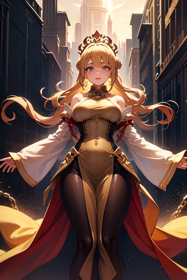 Masterpiece, best quality, expressive eyes, perfect face, anime drawing depicting a woman in a fancy dress and gold coins falling, 1girl, solo, breasts, coin, large breasts, gloves, smile, elbow gloves, golden dress, crown, twintails