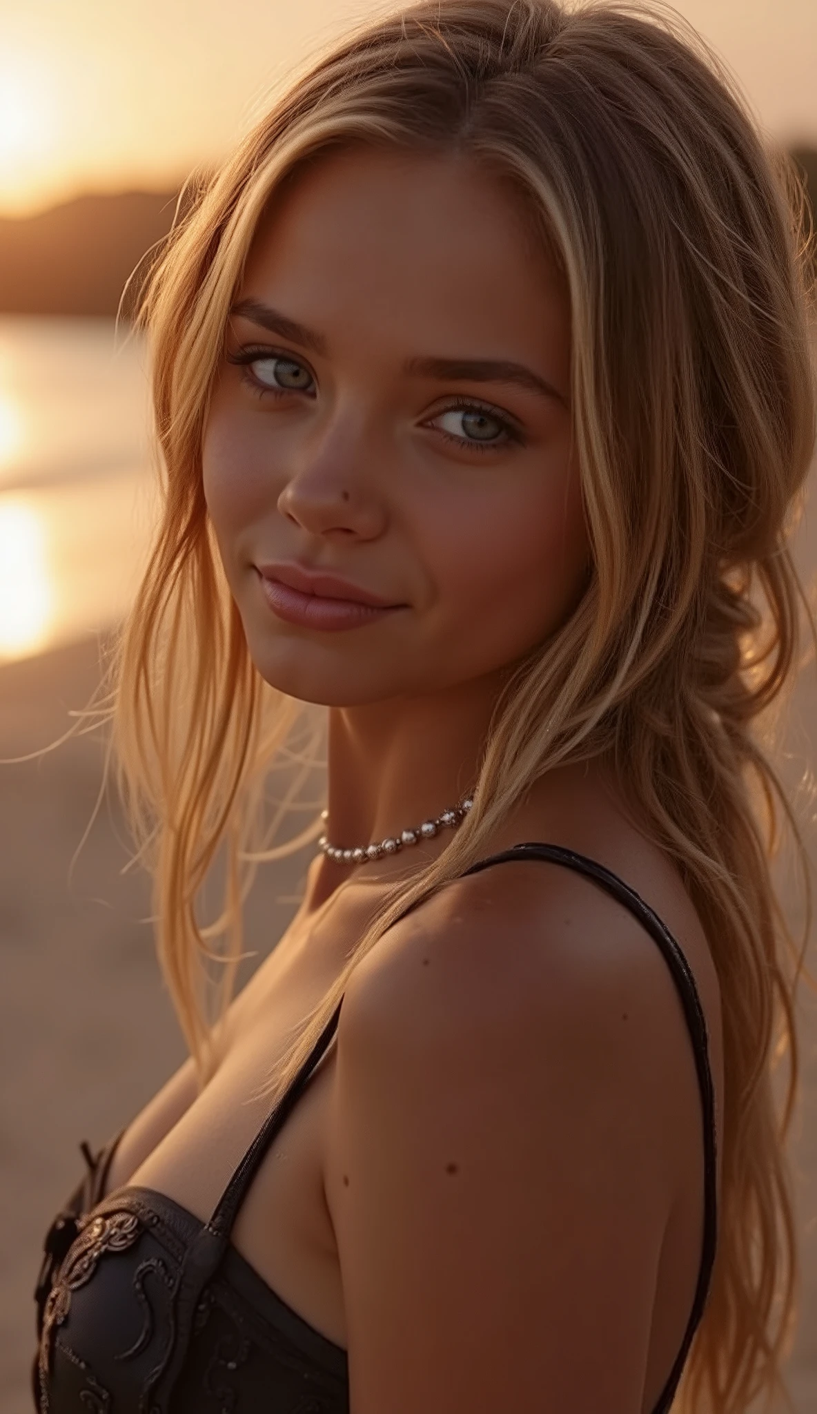 🌟 quality & silent: whole head down to below the chest, three sided view, masterpiece, 8k, ultra high resolution, hyperrealistic, very detailed, natural lighting, SLR lighting, SLR camera , Fujifilm XT3, film grain, Sharp concentration, perfect lighting. 🌌 Scene & background: different backgrounds: A romantic sunset on the beach, with warm,  golden hues . A dark, mysterious forest with moonlight, that falls through the trees. A luxurious Bedroom with candlelight and silky curtains. Ein urbaner background mit Neonlichtern und regennassen Straßen. 😈 model & Styling:  wild girl, Silver/blonde hair, different hairstyles such as ahoge, quin tails, tri tails, pixie cut, expressive hair, single sidelock, hair pulled back, french braid, blunt bangs, streaked hair, flattop , which in various Poses fall loose or styled are,  and bright blue eyes , glowing blue eyes,  She is wearing a lightweight , leather corset with deep neckline. 🔥 Pose & Mood: Different sensual facial expressions:  she looks directly at the camera , with a seductive smile and half-closed eyes. She opens her lips slightly, with a playful and tempting look. She tilts her head slightly to the side, with a dreamy and sensual expression. She looks over her shoulder, with a mysterious and intense look. Die Mood ist sinnlich, seductive and full of emotions. 💋 