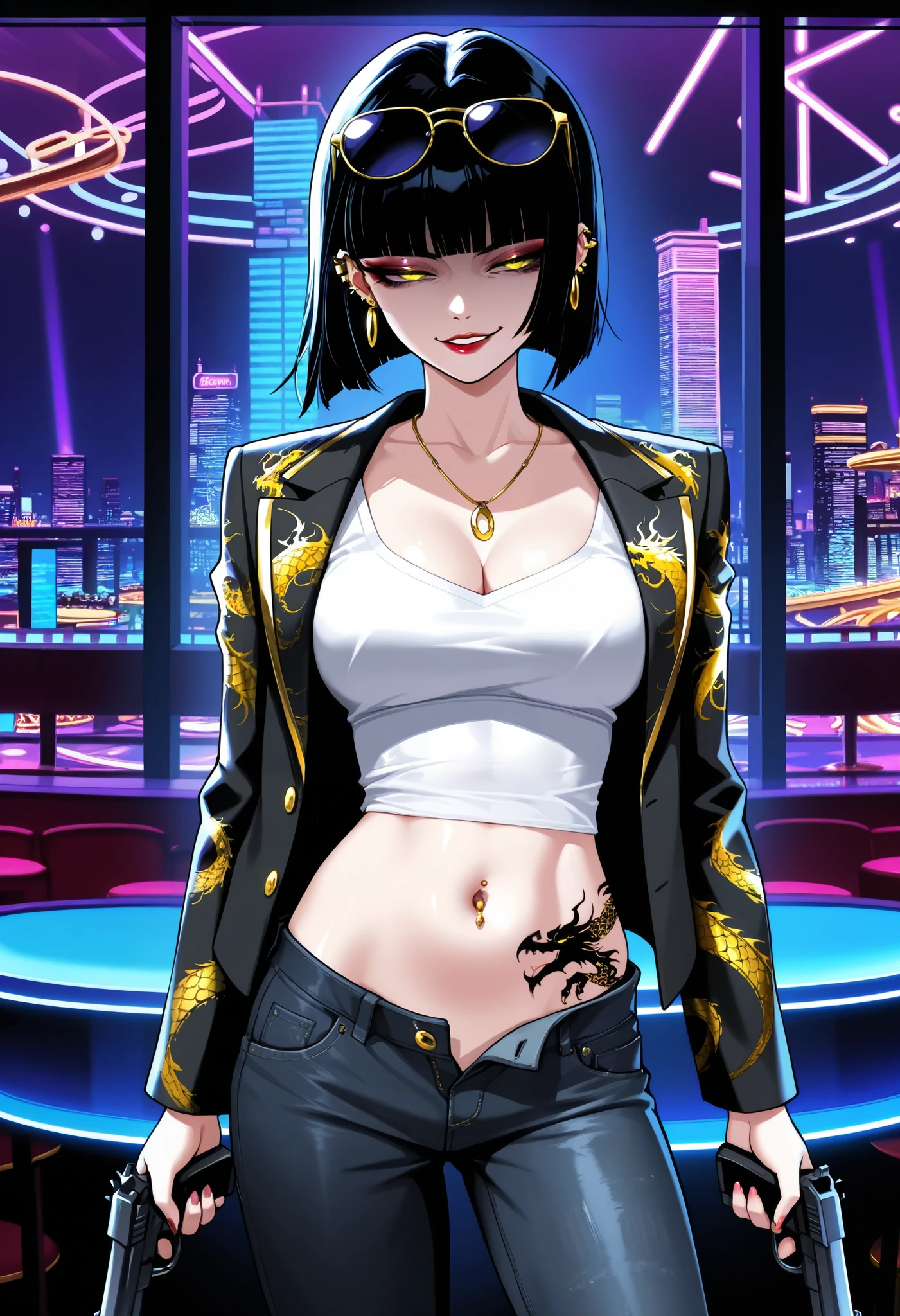 GirlV1, black hair, yellow eyes, , makeup, sunglasses on head, blunt bangs, bob cut, jewelry, necklace, jewelry, gold trim,
parted lips, serious, half-closed eyes, ear piercing, long hair, , lipstick, Hot girl, baddie, , sensual, attractive ,bar background, inside bar,indoors, cityscape, casino, nightclub, city lights, masterpiece,high
quality,4k,belly,,holding pistol,cleavage, unbuttoned shirt, shirt, knot, smile, open mouth,
(nsfw) not safe for work, evil expression,belly, exposed navel, exposed midriff, exposed lower
belly, ,dragon print jacket, unbuttoned jeans , low rise black jeans, Low rise
jeans with open fly, ,,,navel piercing, dragon tattoo, narrowed eyes, tattoo midriff ,, dual wielding, , smirk