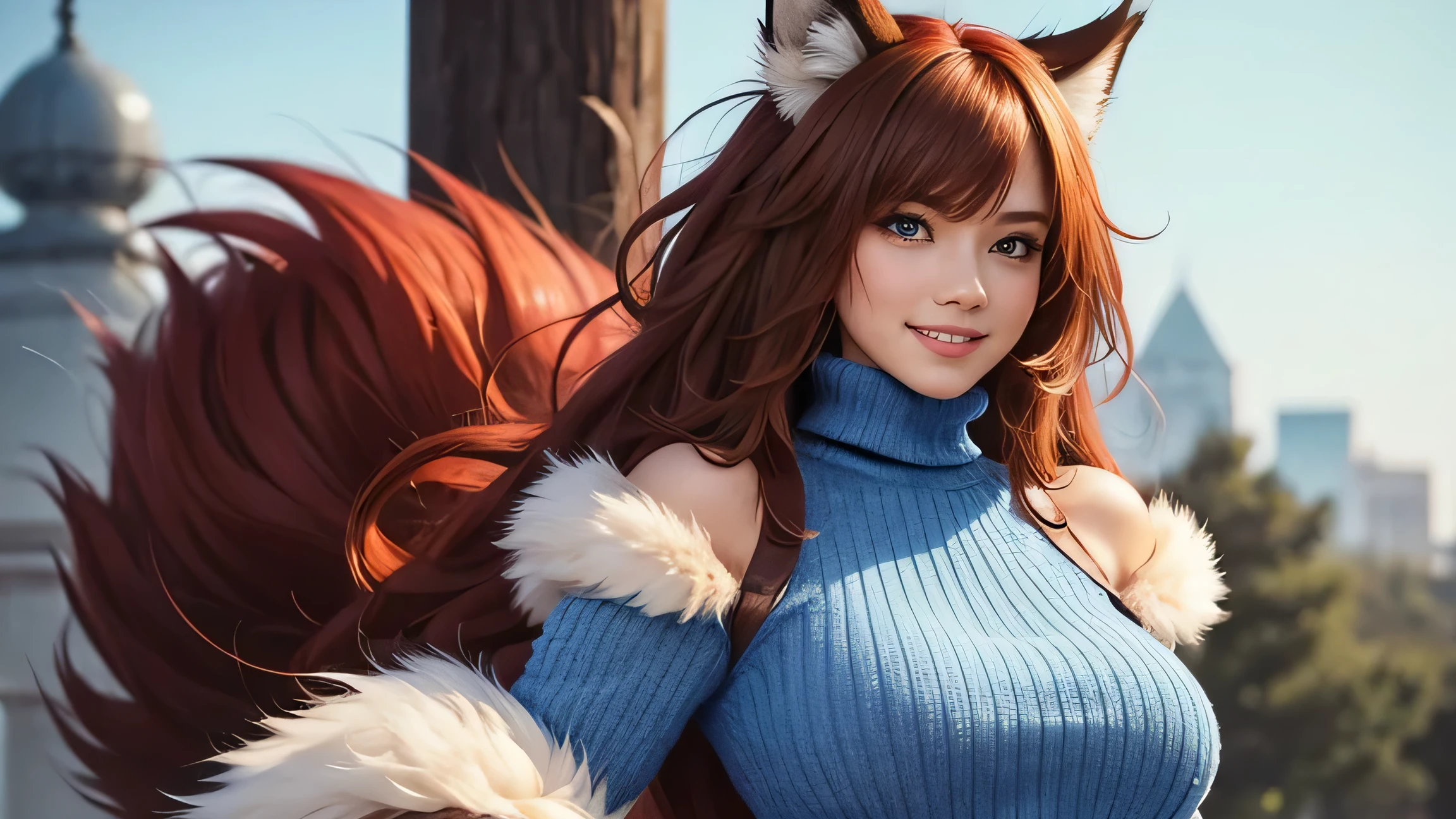 tall girl, breasts big, lightBrown hair, orange eyes, fox ears, fox tail, denim overalls, Black bra underneath, high-top gloves with fur, orange tights with fur, angry expression, hand on the waist, giving a fight
