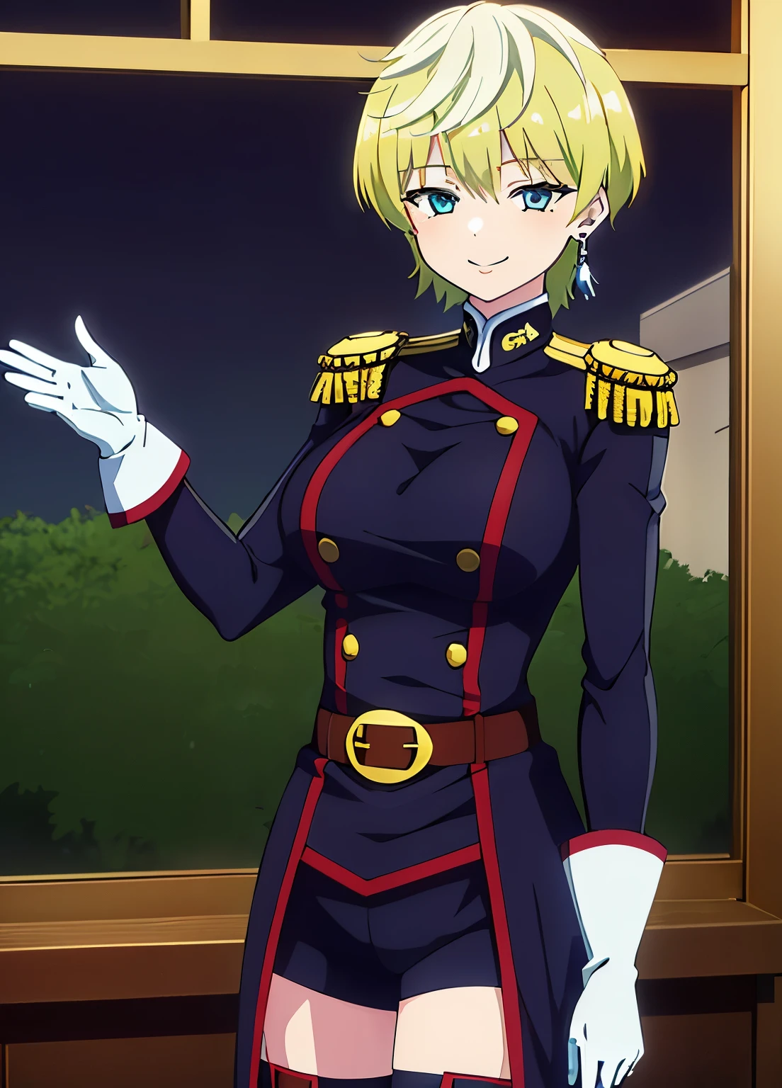 Glowing out of the sky, 1 girl, Alone, thigh high socks, green hair, earrings, jewelry, gloves, blonde hair, short hair, blue eyes, chest, large chest, white gloves, smile, shorts with r, uniform, belt, Epaulettes, green hair, watch viewers, comments, thigh boots, masterpiece, Best Quality, high definition,