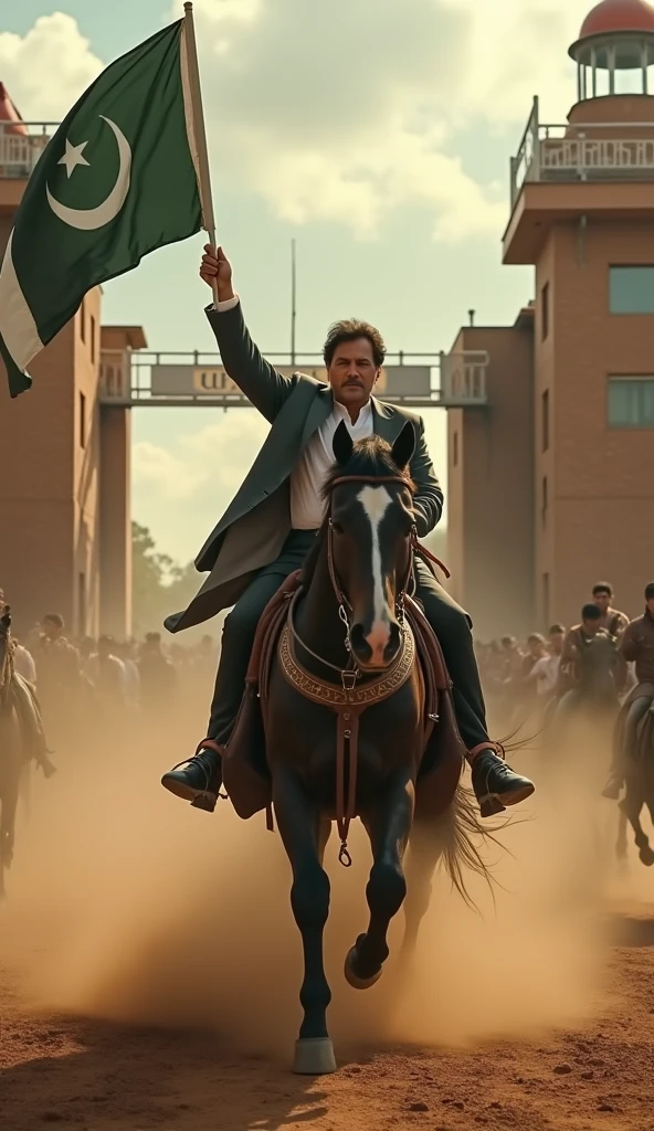 Prime minister Imran khan coming out of jail riding on horse and a sword in his hand. Around him supporters are whispering with Pakistan flag. They have agenda of freedom 