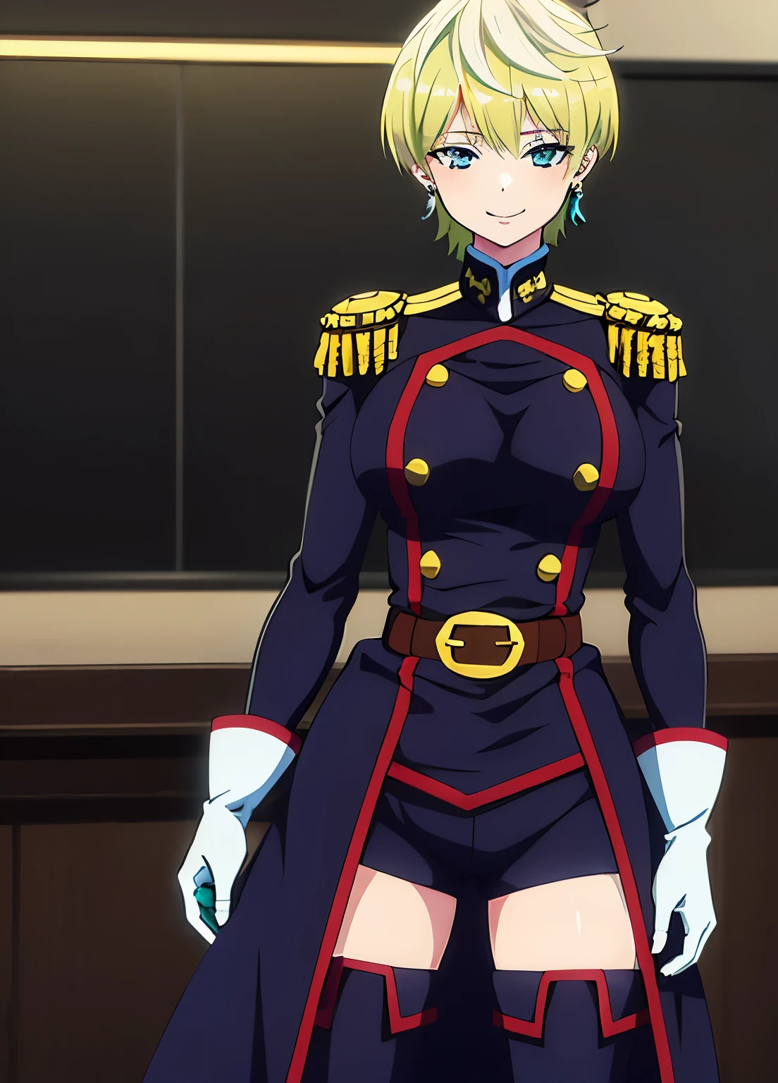 Glowing out of the sky, 1 girl, Alone, thigh high socks, green hair, earrings, jewelry, gloves, blonde hair, short hair, blue eyes, chest, large chest, white gloves, smile, shorts with r, uniform, belt, Epaulettes, green hair, watch viewers, comments, thigh boots, masterpiece, Best Quality, high definition,
