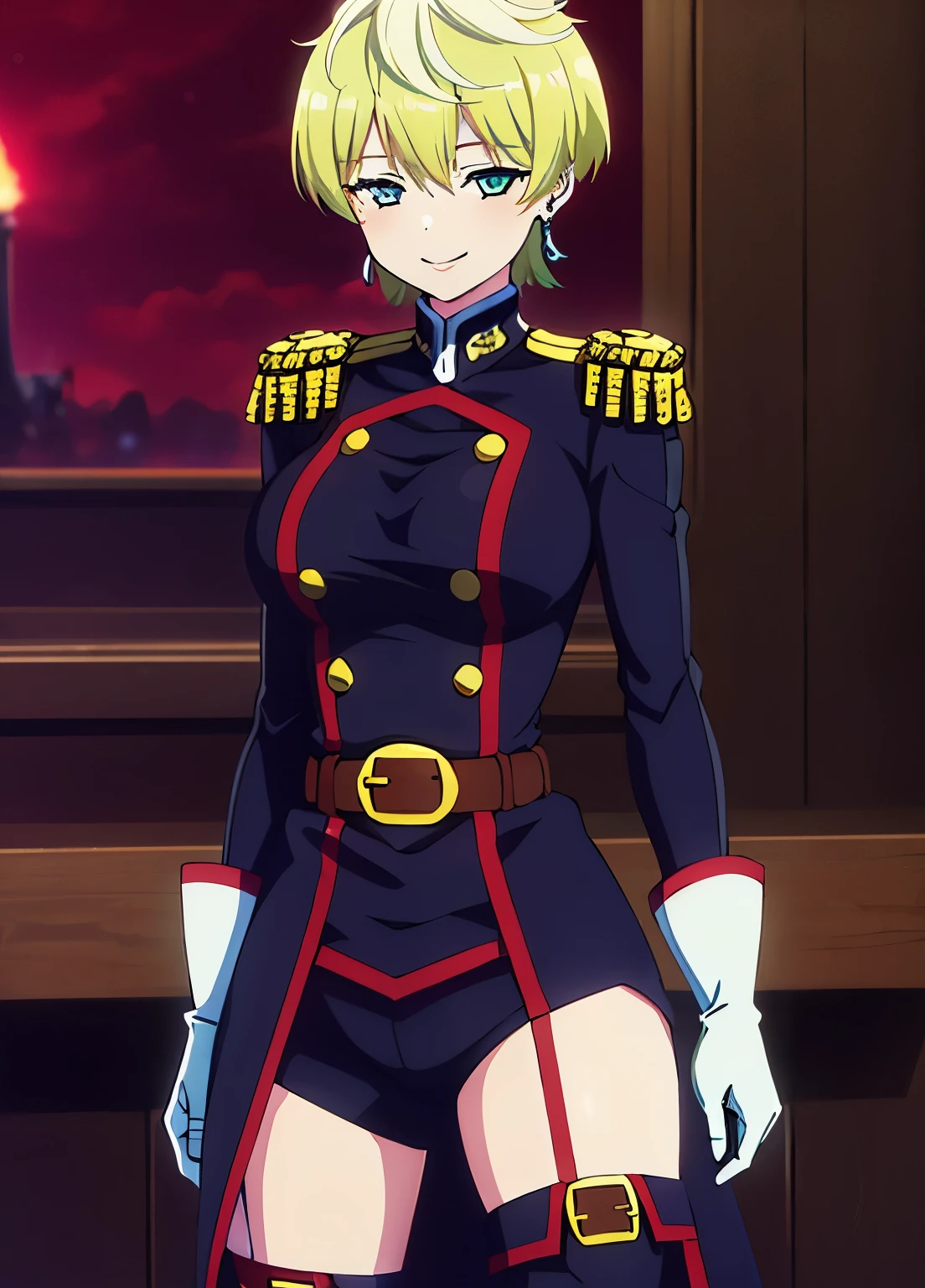 Glowing out of the sky, 1 girl, Alone, thigh high socks, green hair, earrings,  jewelry,  gloves, blonde hair, short hair, blue eyes, chest, large chest, white  gloves, smile, shorts with r, uniform, belt, Epaulettes, green hair, watch viewers,  comments, thigh boots,  masterpiece, Best Quality, high definition,