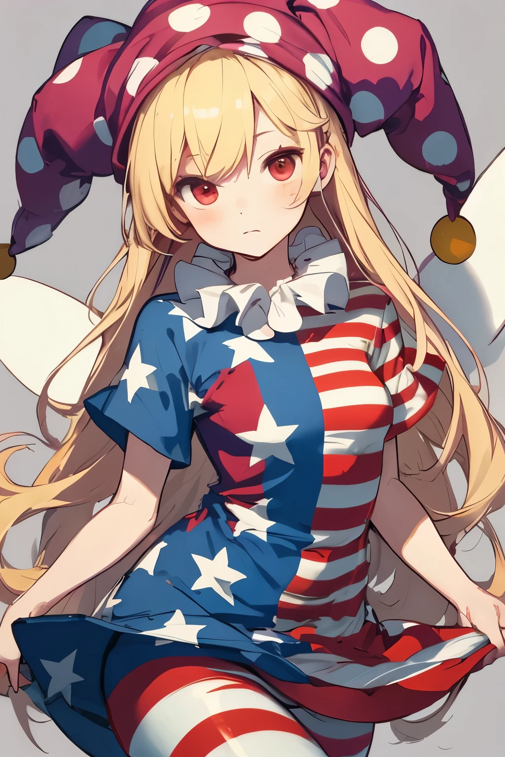 touhou project,Clownpiece,Blond hair,Red eyes,Flag of the United States dress,Flag of the United States socks,universe,fairy wings