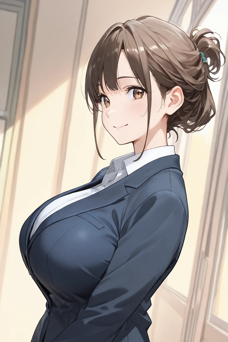 (sexy mature european woman, gentle smile:1.2), (cleavage、huge breasts:1.5)、brown hair、panty shot、(blazer、mini skirt:1,2)