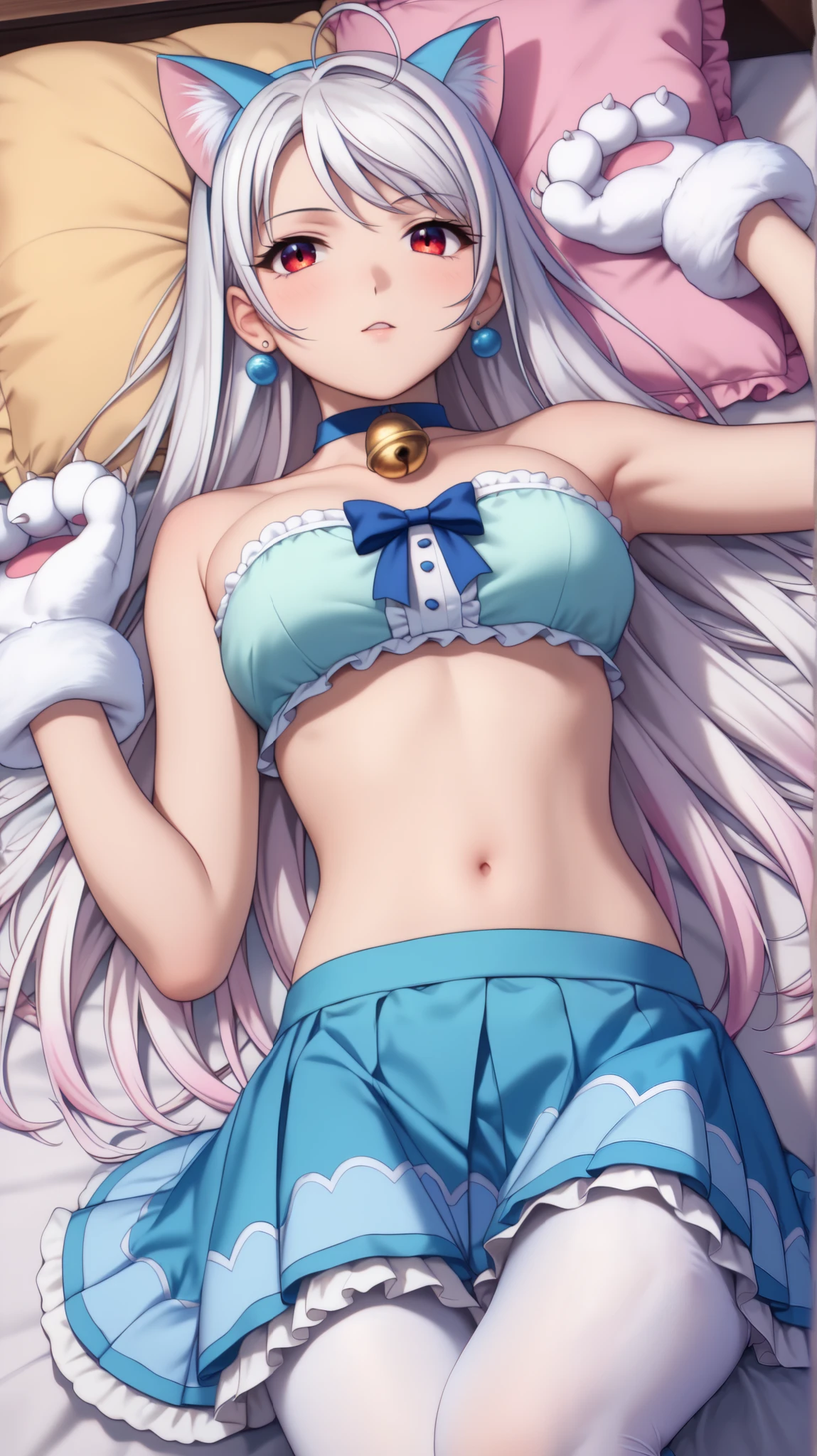 vampire moka akashiya, long hair, red eyes, ahoge, white hair, large breasts, costumes unified in pastel blue, pastel blue fake cat ears on head,pastel blue tweed material, extremely detailed tweed texture and pattern, pastel blue tweed cropped camisole with lace-up on chest, bandeau bikini shaped chest, scalloped lace trim on camisole,strapless design, bare shoulders, stomach, navel, pastel blue tweed ultra-short sleeves with ruffle decoration,matching design pastel blue tweed tiered skirt with scalloped lace trim, (layered skirt-hem), mini skirt, A-line,blue choker with small golden bell, earrings with golden bell, (white mitten gloves shaped like cat paws), white paw gloves,(white pantyhose with pastel blue ribbon decoration), white pantyhose fabric covers the entire leg, cute design blue platform boots, lying on bed,(on back:1.3),(put head on pillow:1.3),from above,