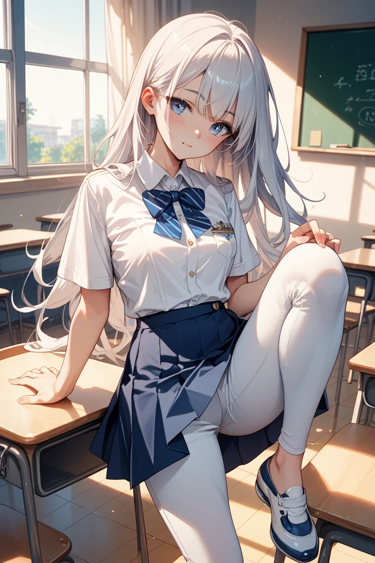 masterpiece:1.2, best quality, ((ultra detailed)), high resolution, 2d, anime style , photo, detailed background, (1girl),cute face,long hair,(silver color hair),black pantyhose, smile ((red lips;1.2)), Standard chest,BREAK solo,(droopy eyes:1.3),17 years old,((light pink eyes;1.2 )), beautiful thighs, embarrassed, BREAK classroom windows background, sitting in chair,,serafuku BREAK pastel colors:1.4, solid paint:1.2, saturated color