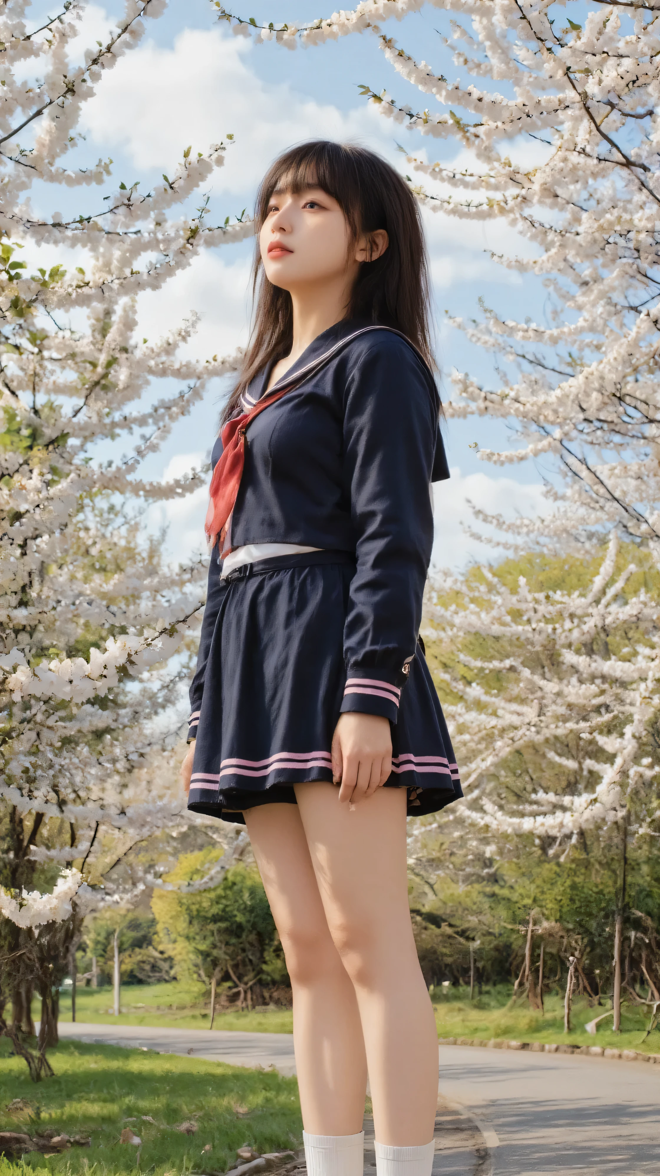 (full_body_shot:1.5), (8k, RAW photography:1.5), (masterpiece:1.3), (realistic:1.4), (photorealistic:1.3), professional lighting, (highly detailed:1.4), (deliberate expression:1.4), (Girls wearing a navy blue long-sleeved sailor suits with pink lines:1.5), (Regular length sailor suit:1.5), (sailor suit with deep Pink :1.8), (Navy blue short skirt with pink lines:2), (White socks:2), (black Leather shoes:2), (well-proportioned body:1.5), (long legs:1.7), (small head:1.6), (large breasts:1.4), (Shiny long black hair:1.5), (straight bangs:1.4), (Pink lips:1.4), (long eyelashes:1.2), (girl standing under a cherry blossom tree in full bloom:1.6), (Profile shot taken from a distance:2), (Full body view from the side:2), (sideways angle:1.6), (Girl gazing into the distance:2), (Girl looking at the distant sky:2), (Side view of a girl:2), (perfect side angle:2), (camera at 90 degrees from front:1.7), (hair flowing in wind:1.3), (Looking into the distance:2), (sideways pose:1.7), (profile view:1.8), (girl in side view:1.6), (complete side profile:1.6), (against large cherry tree:1.4), (cherry blossoms in background:1.3), (Clothes that reveal the chest:1.6), (not wearing a shirt under her sailor suits:2), (Wear color is only navy blue:1.7), (Sailor suit with no buttons:1.4), (Great proportions:1.4), (Tall style girl:1.4), (naked underneath her sailor suits:1.4), (Girl is only wearing a sailor suits:1.4), (her neck is exposed:1.4), (Girl is not wearing any shawl, stole or muffler:1.4),