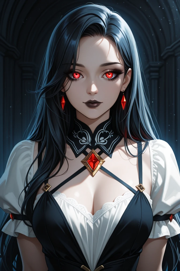 A close-up of a woman with a red eye and a black dress., yenfer, rin tohsaka, yenfer of vengerberg, carmilla vampire, with glowing red eyes, diablo 4 Lilith, with glowing red eyes, Artgerm and Atey Ghailan, extremely detailed artistic germ, female vampire, together