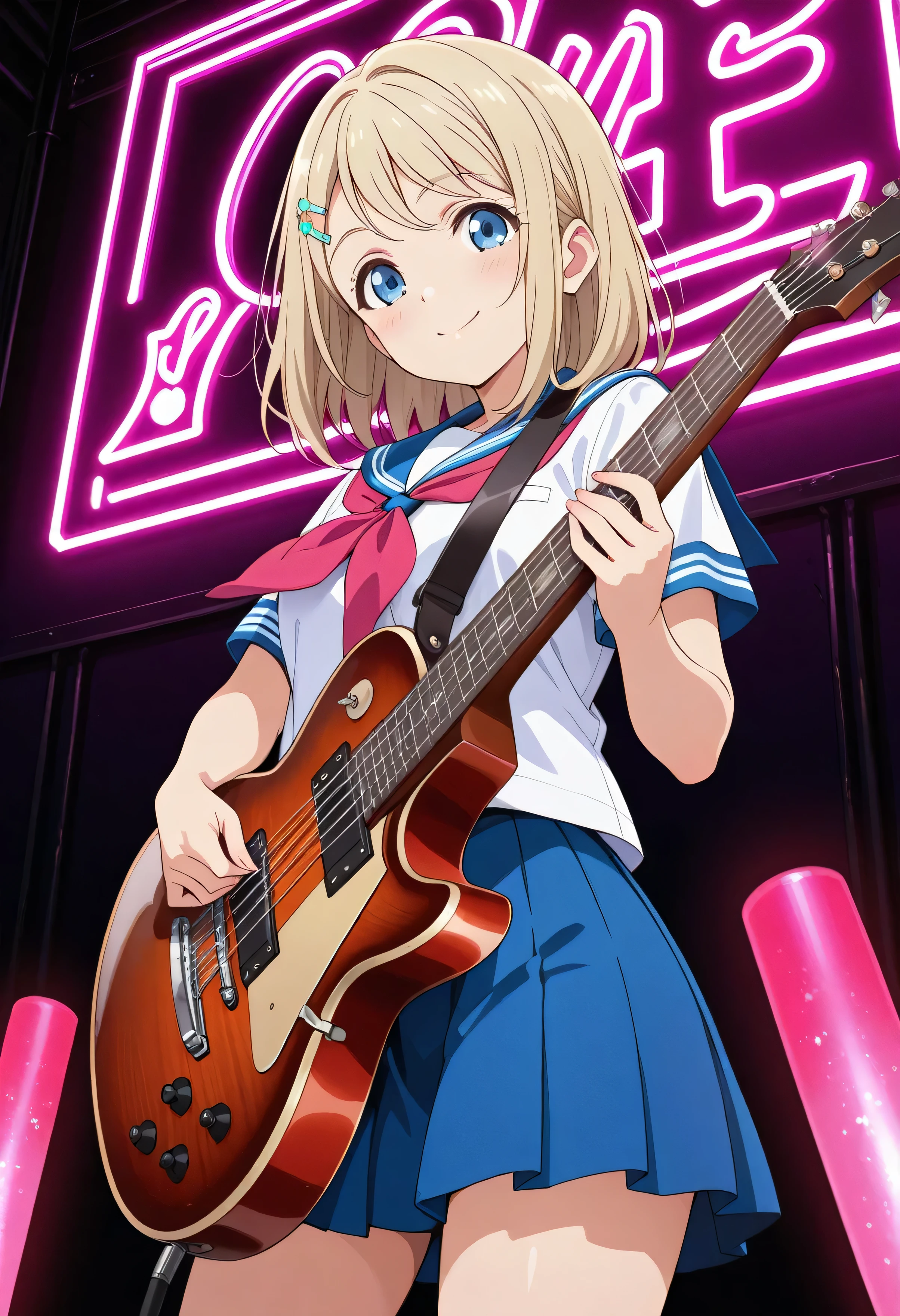 (beautiful girl:1.3),masterpiece,Please redeem,Ultra-high resolution,rich contrast,Very high quality,8k,Highly detailed CG unit wallpaper,Texture,So ridiculous,RAW Photos,anime-style illustration,studio anime style,professional photograph,an extremely delicate and beautiful,Depth of written boundary 1.2,Live Performance Venues,Super large stage,rocker,(overhead shot:1.5) ,(red glow stick:1.3),engraved,Her girlfriend from the girls' rock band,Ayase Alisa, 1girl , blue eyes, blonde hair, very short hair,hairclip, serafuku, white shirt, short sleeves, red neckerchief, pleated skirt, blue skirt,(She's playing a guitar),(((a guitar with pink neon lights))),smile,Closed Mouth