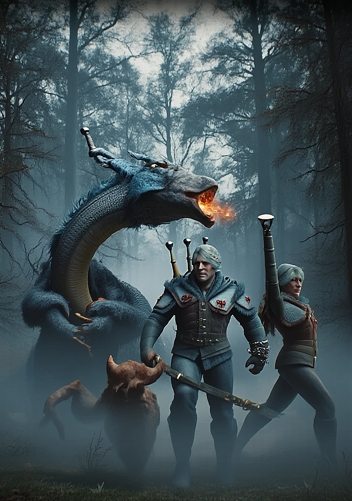 Geralt of Rivia decapitating a white anthropomorphic dinosaur